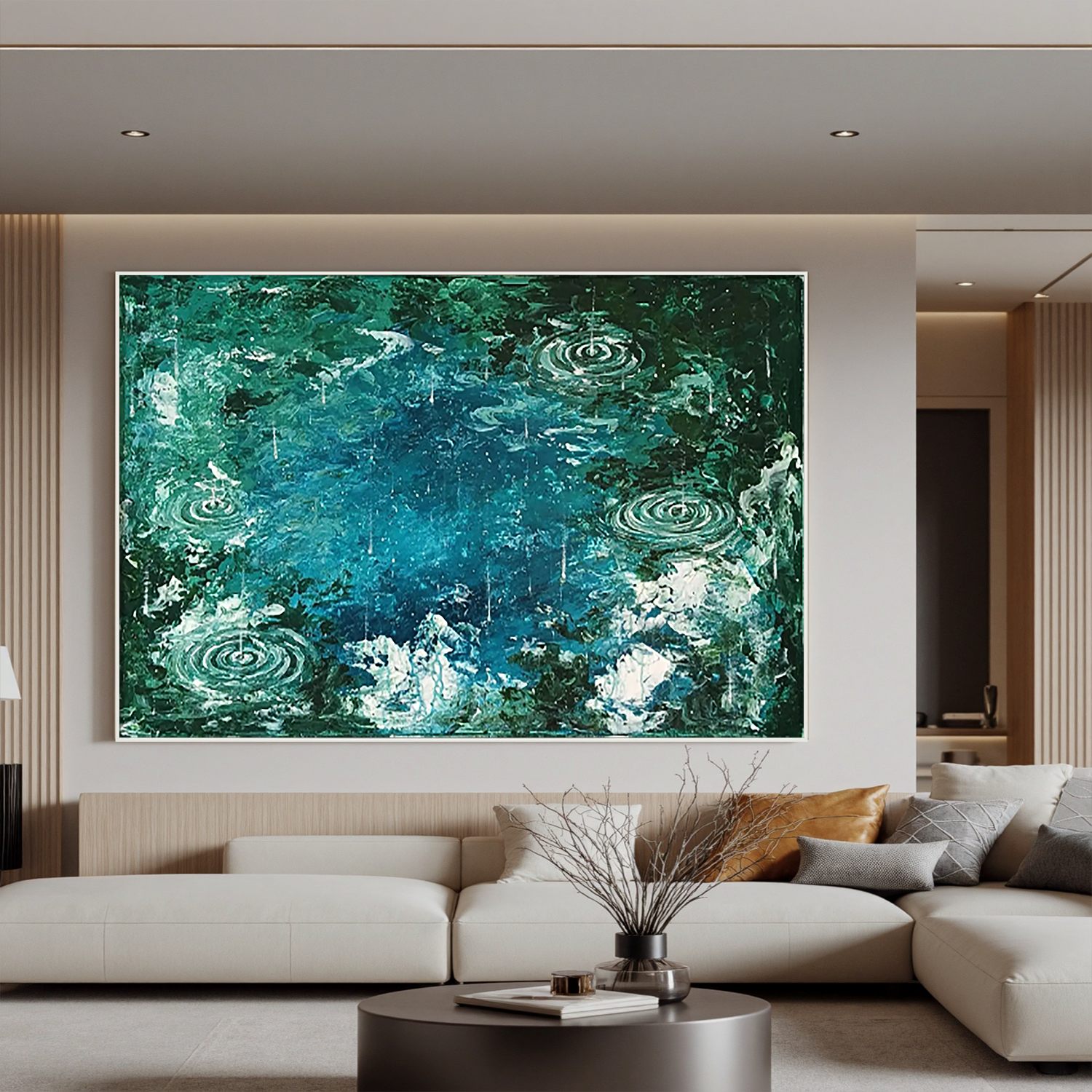 Teal Rain Ripple Oil Painting, Abstract Water Wall Art for Living Room Decor#OA 0609