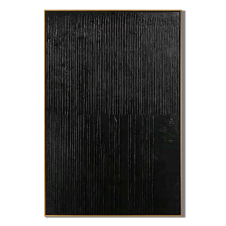 Black Textured Abstract Wall Art, Minimal Vertical Line Canvas Painting for Modern Living Room Décor #OA 0010