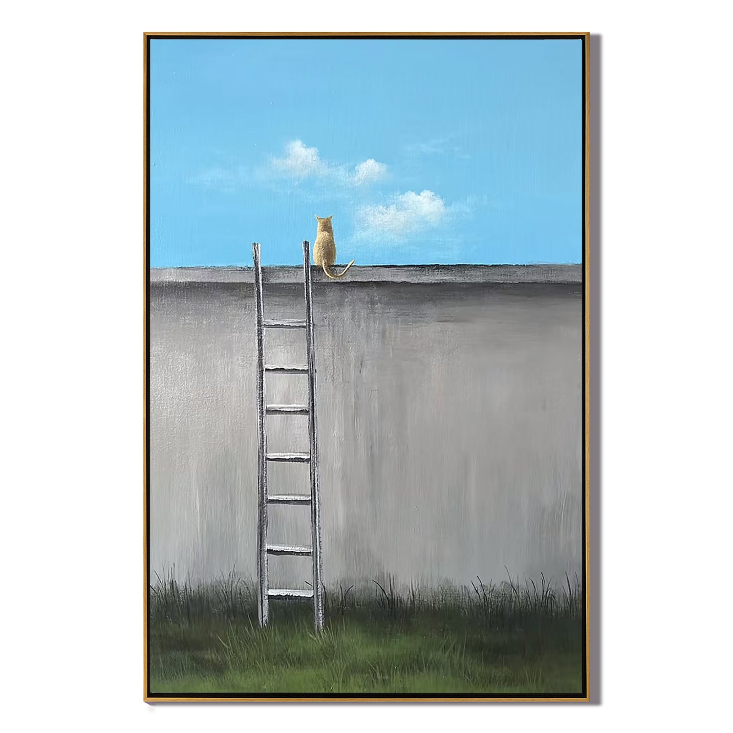 Minimalist Cat on Wall with Ladder Wall Art, Nordic Style Animal Canvas Painting for Living Room Decor #OA 0778