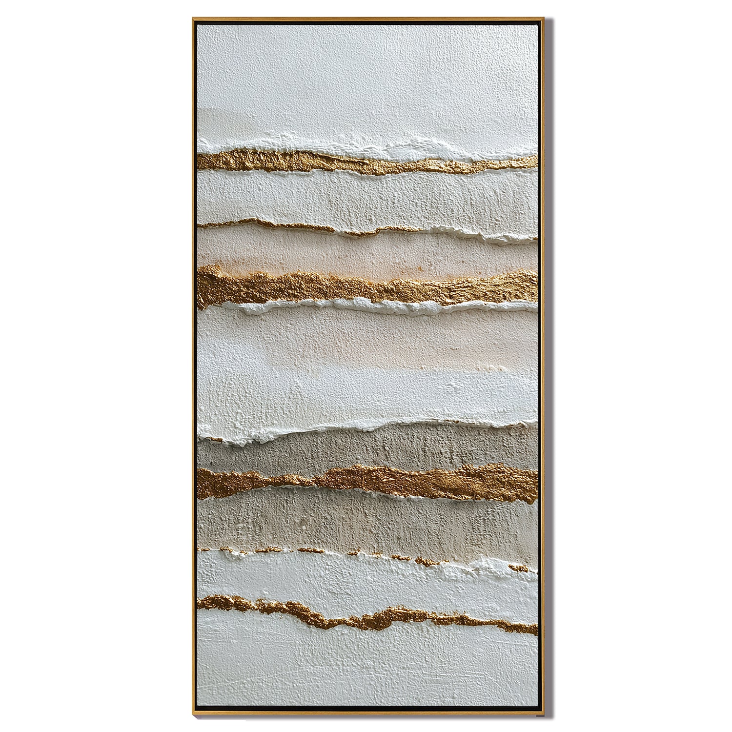 Minimalist Abstract Texture Canvas Wall Art – Neutral Beige White and Gold Vertical Painting for Modern Living Room Decor#OA 0869