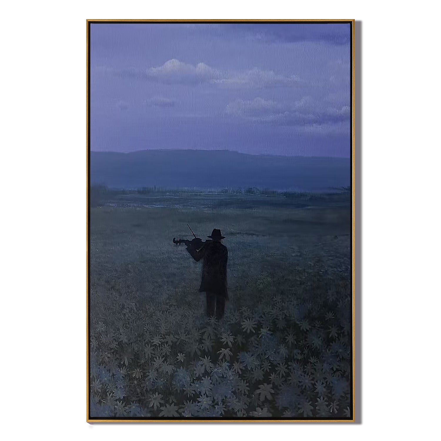 Violinist in Blue Meadow Wall Art, Moody Twilight Landscape Canvas Painting for Living Room and Bedroom Decor #OA 0791