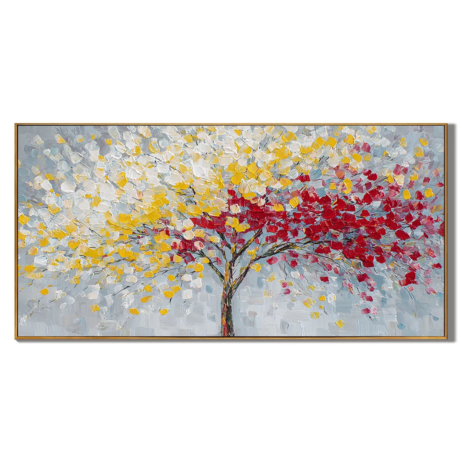Large Colorful Tree Abstract Wall Art – Red Yellow Textured Canvas for Modern Living Room Decor#OA 0830