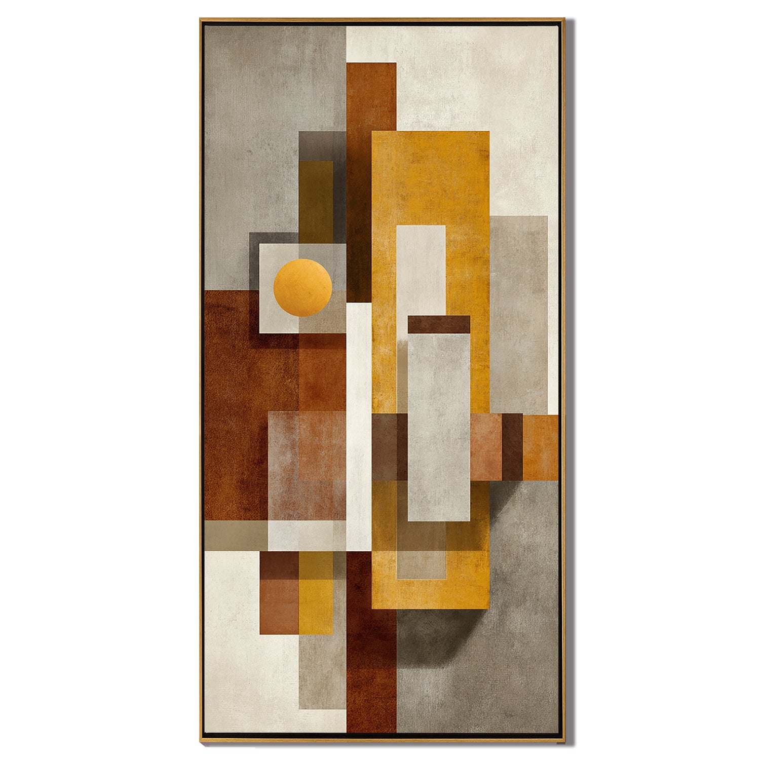 Mid Century Modern Geometric Abstract Canvas Wall Art – Vertical Neutral Beige Mustard Yellow Painting for Entryway Living Room Decor#OA 0867