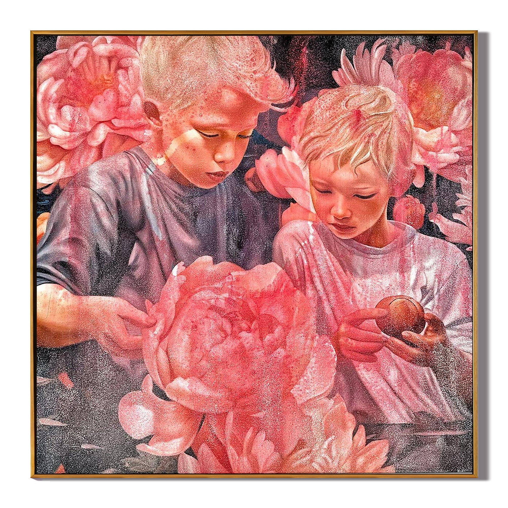 Emotional Children Portrait Oil Painting with Pink Peonies – Contemporary Figurative Floral Canvas Wall Art #OA 0819