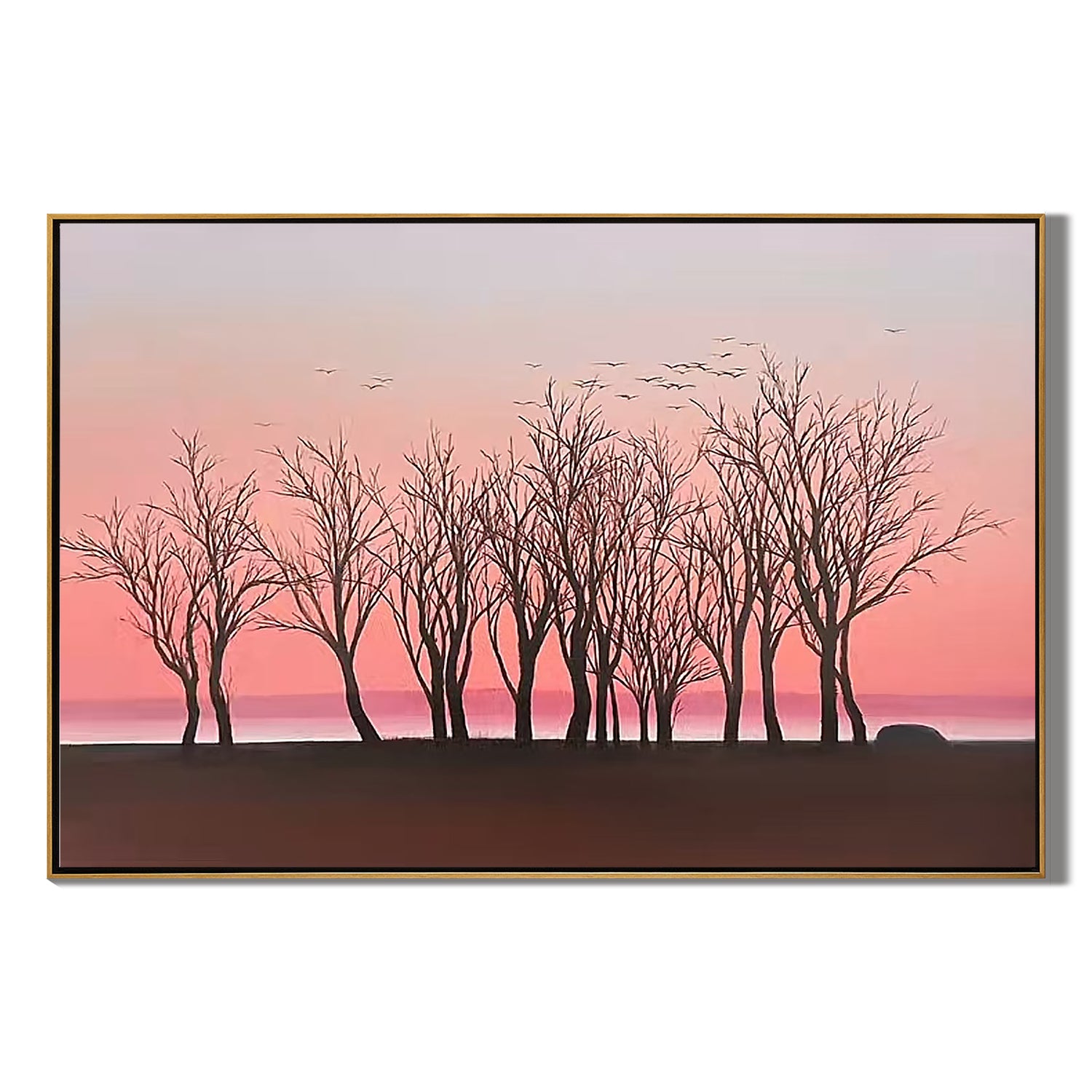 Minimalist Tree Silhouette Sunset Wall Art, Pink Sky Panoramic Landscape Canvas Painting for Living Room Decor #OA 0774