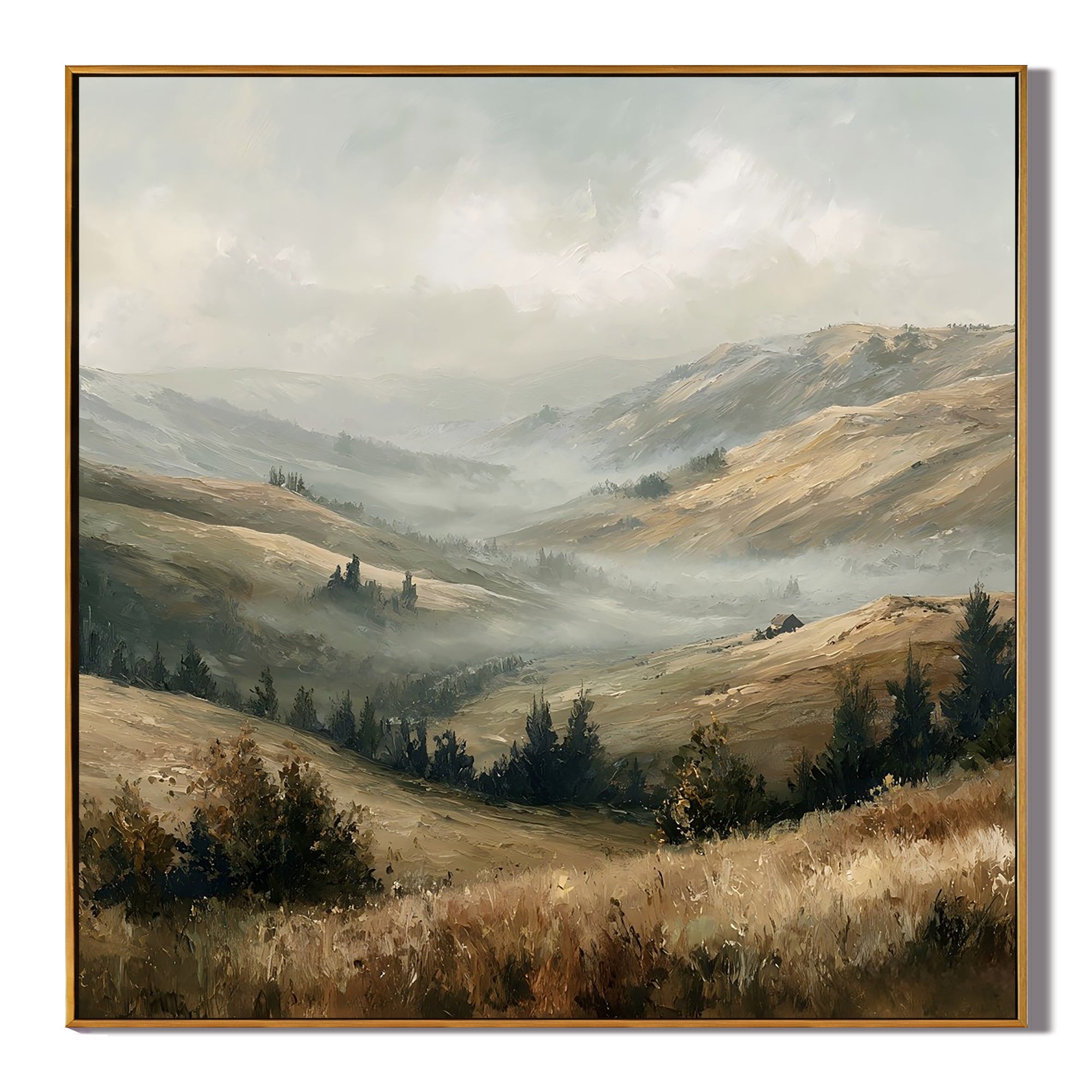 Misty Mountain Valley Landscape Painting – Neutral Rustic Wall Art#OA 0898