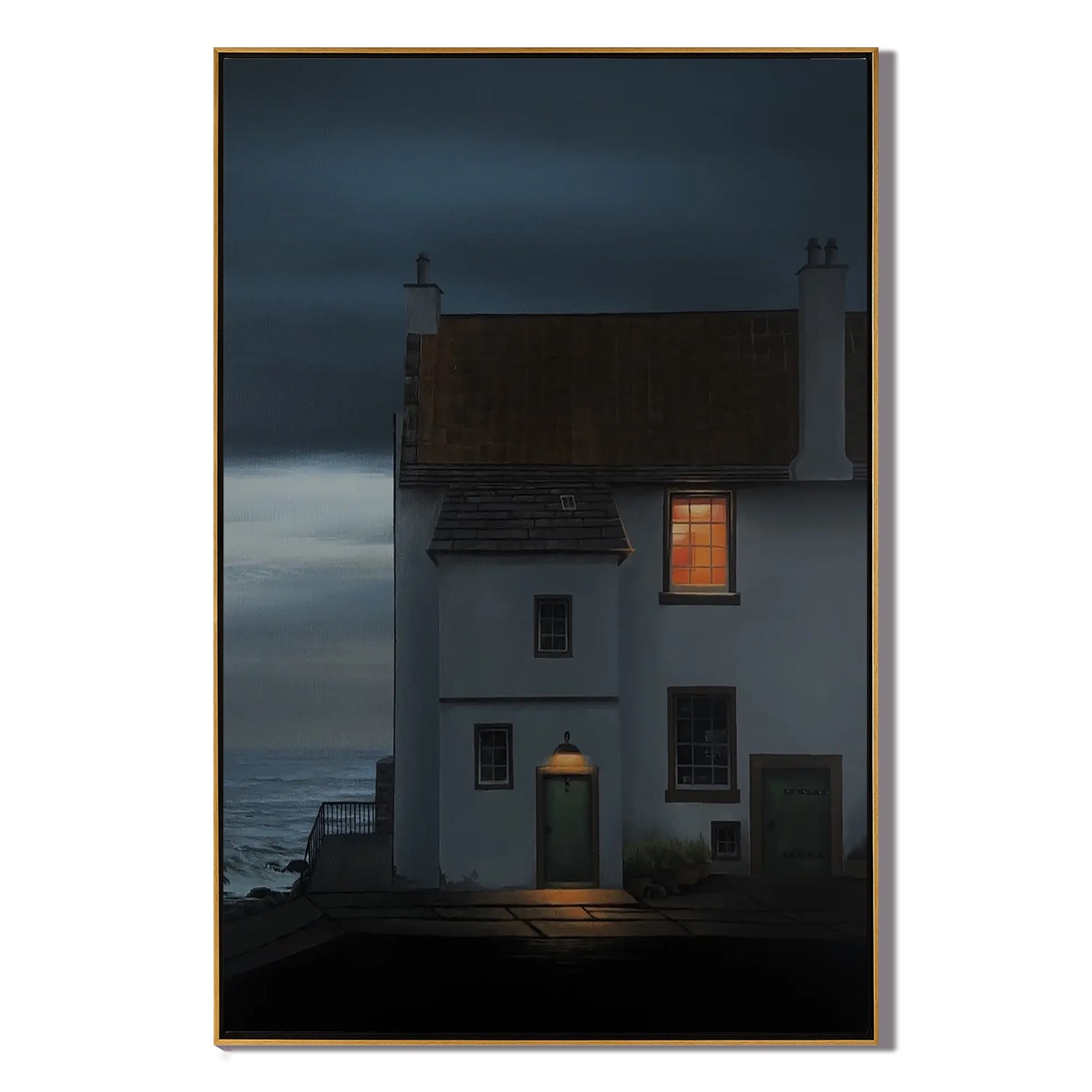 Coastal Cottage at Night Wall Art, Moody Seaside House with Warm Window Light Canvas for Living Room Decor #OA 0752