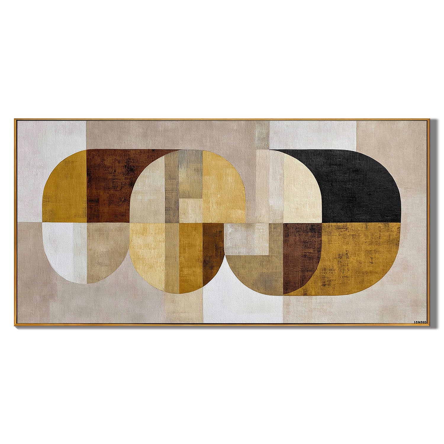 Mid Century Modern Geometric Abstract Canvas Wall Art – Neutral Beige Mustard Yellow Horizontal Painting for Living Room Decor#OA 0865
