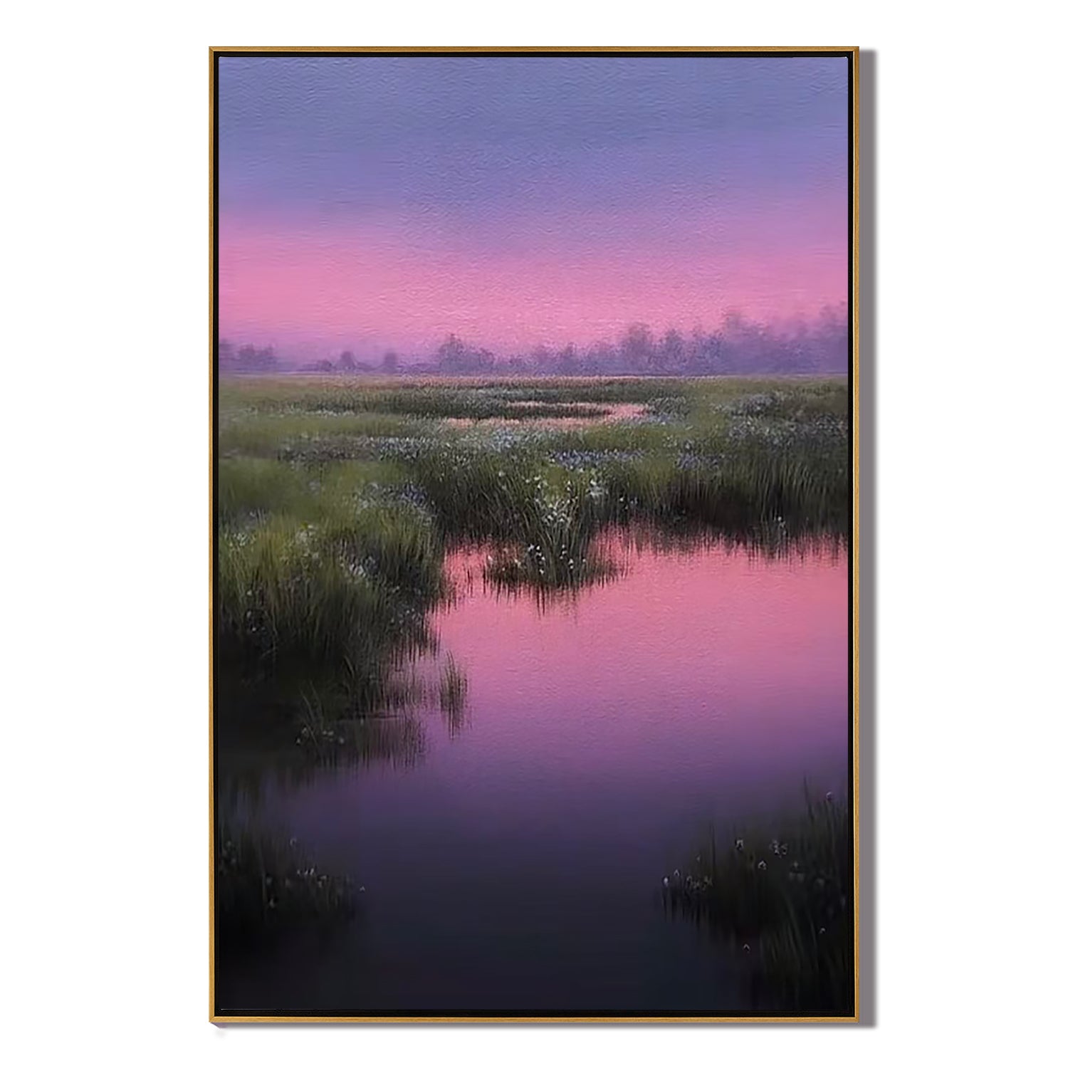 Pink and Purple Sunset Wetland Wall Art, Serene Marsh Landscape Canvas Painting for Living Room Decor #OA 0731