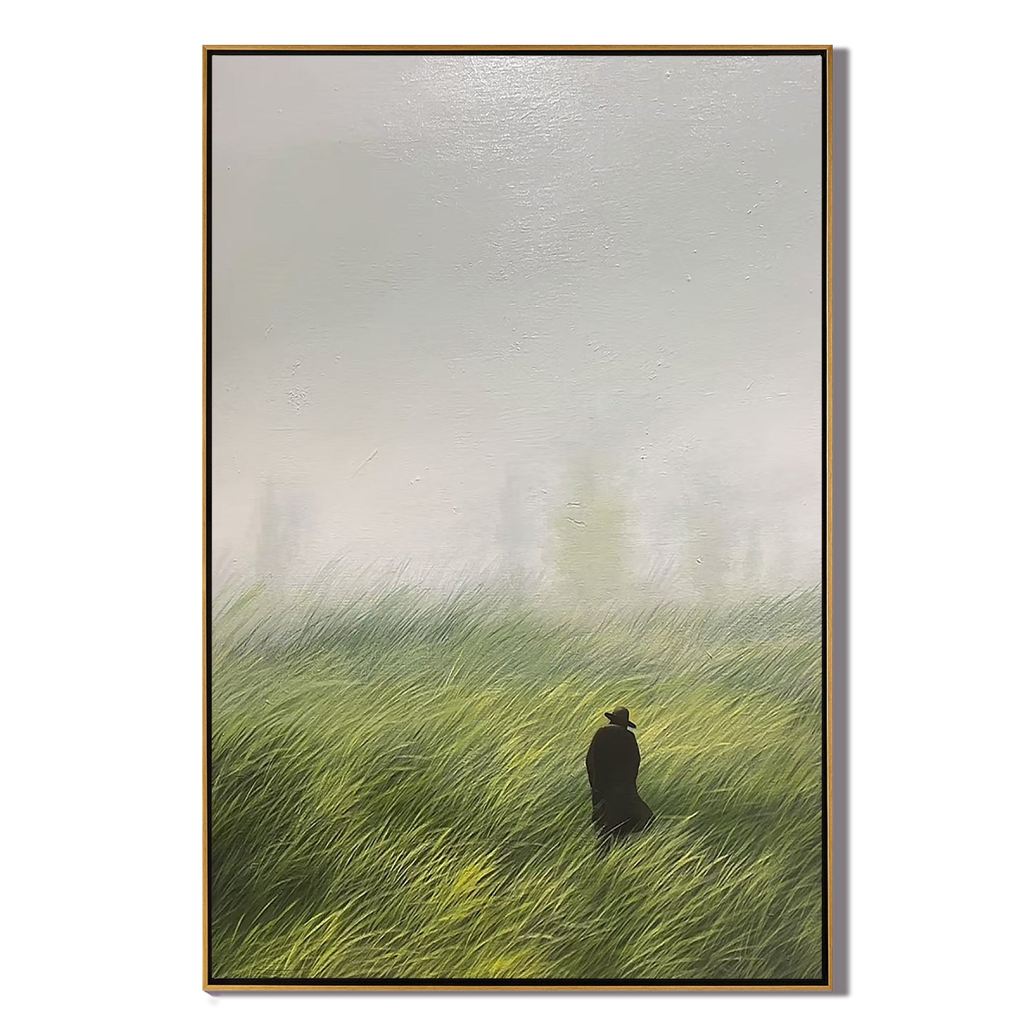 Misty Green Meadow Wall Art โ Solitary Figure Landscape Canvas Painting for Living Room Decor #OA 0810