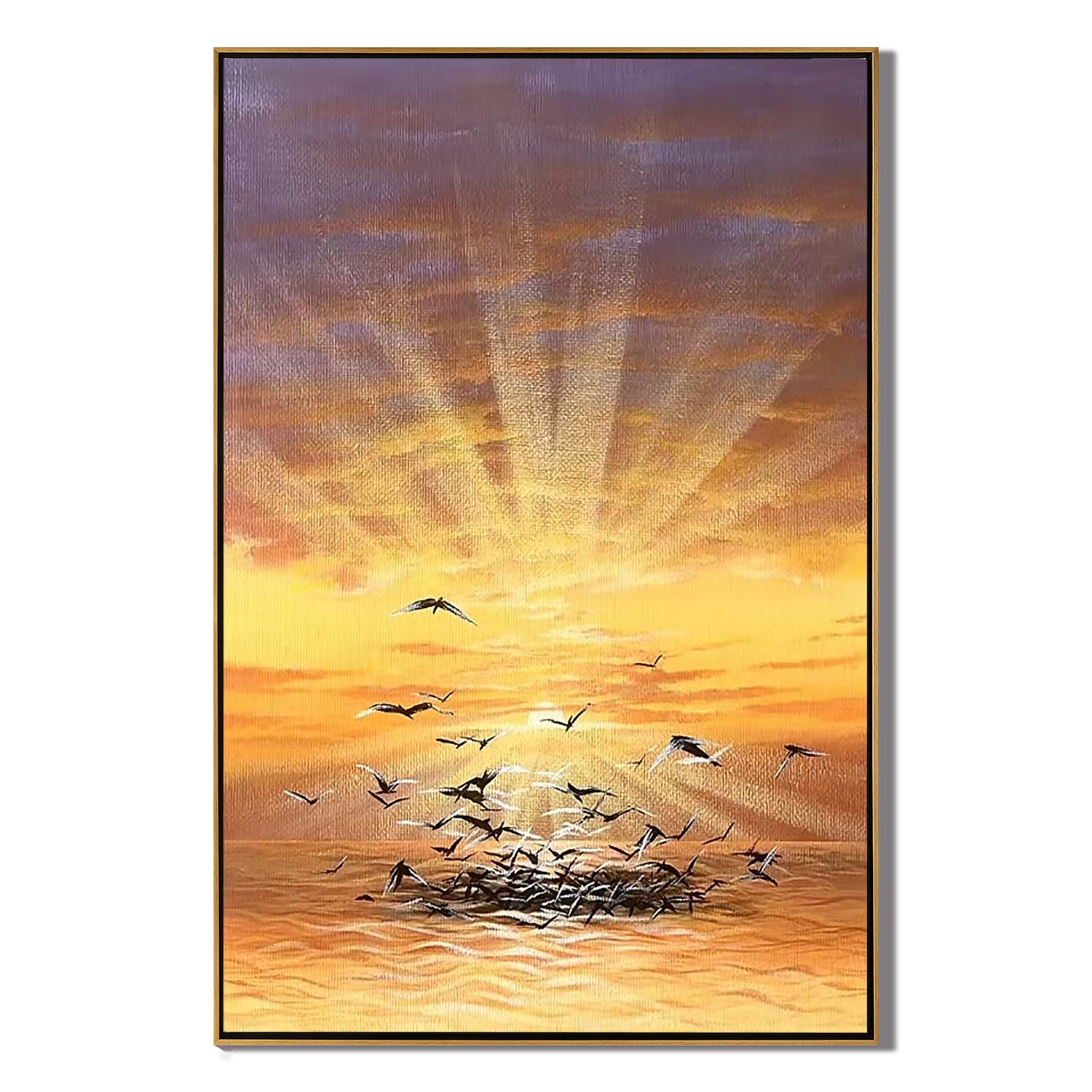 Golden Ocean Sunrise Wall Art with Flying Seagulls, Serene Coastal Landscape Canvas Painting for Living Room Decor #OA 0789