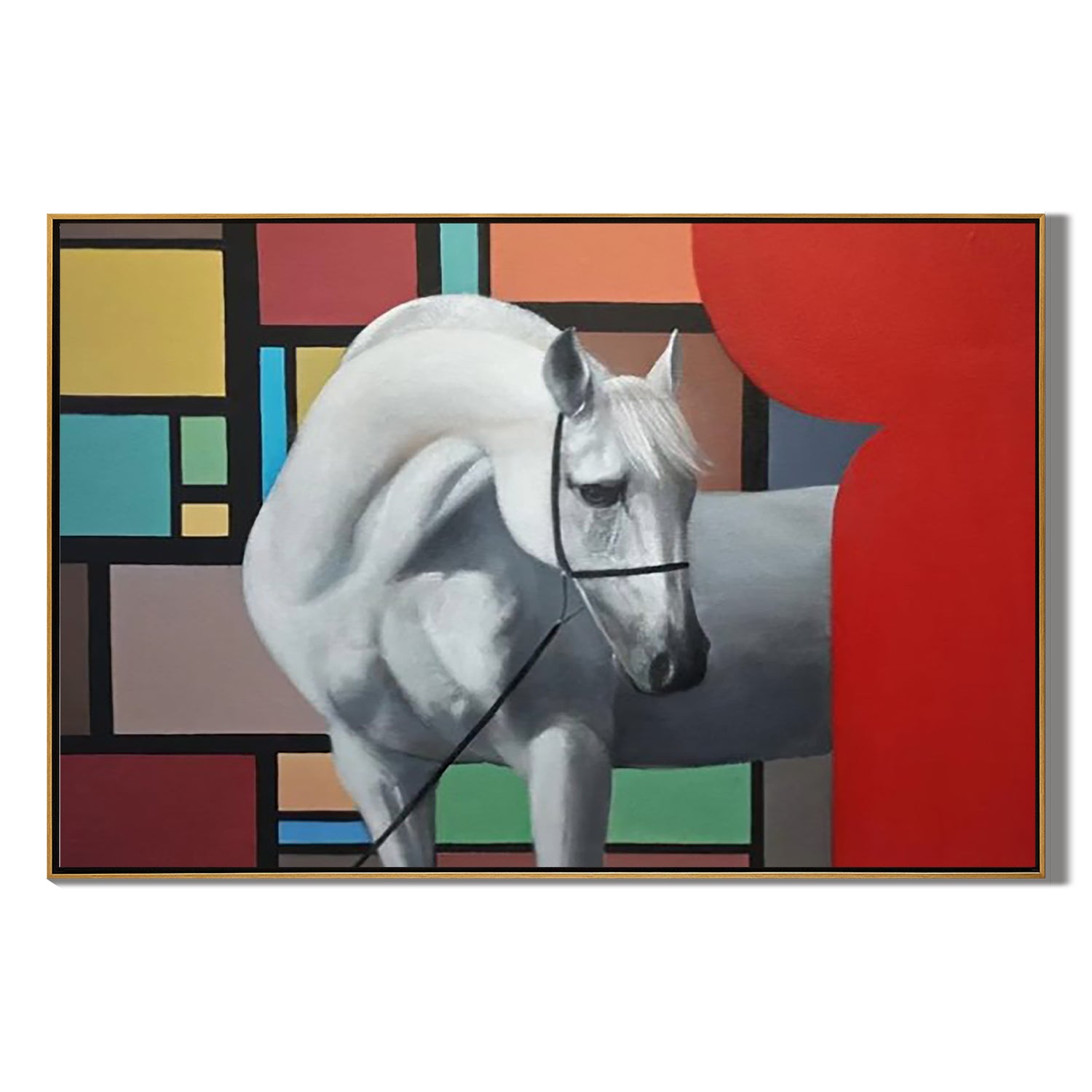 White Horse and Color Blocks-Modern White Horse Abstract Wall Art
