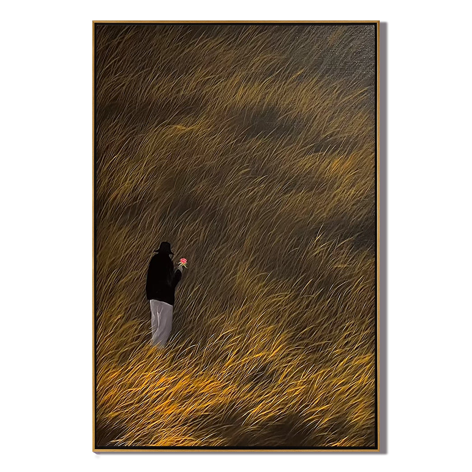 Golden Meadow Silhouette Wall Art โ Romantic Figure in Tall Grass Landscape Canvas for Living Room Decor #OA 0802