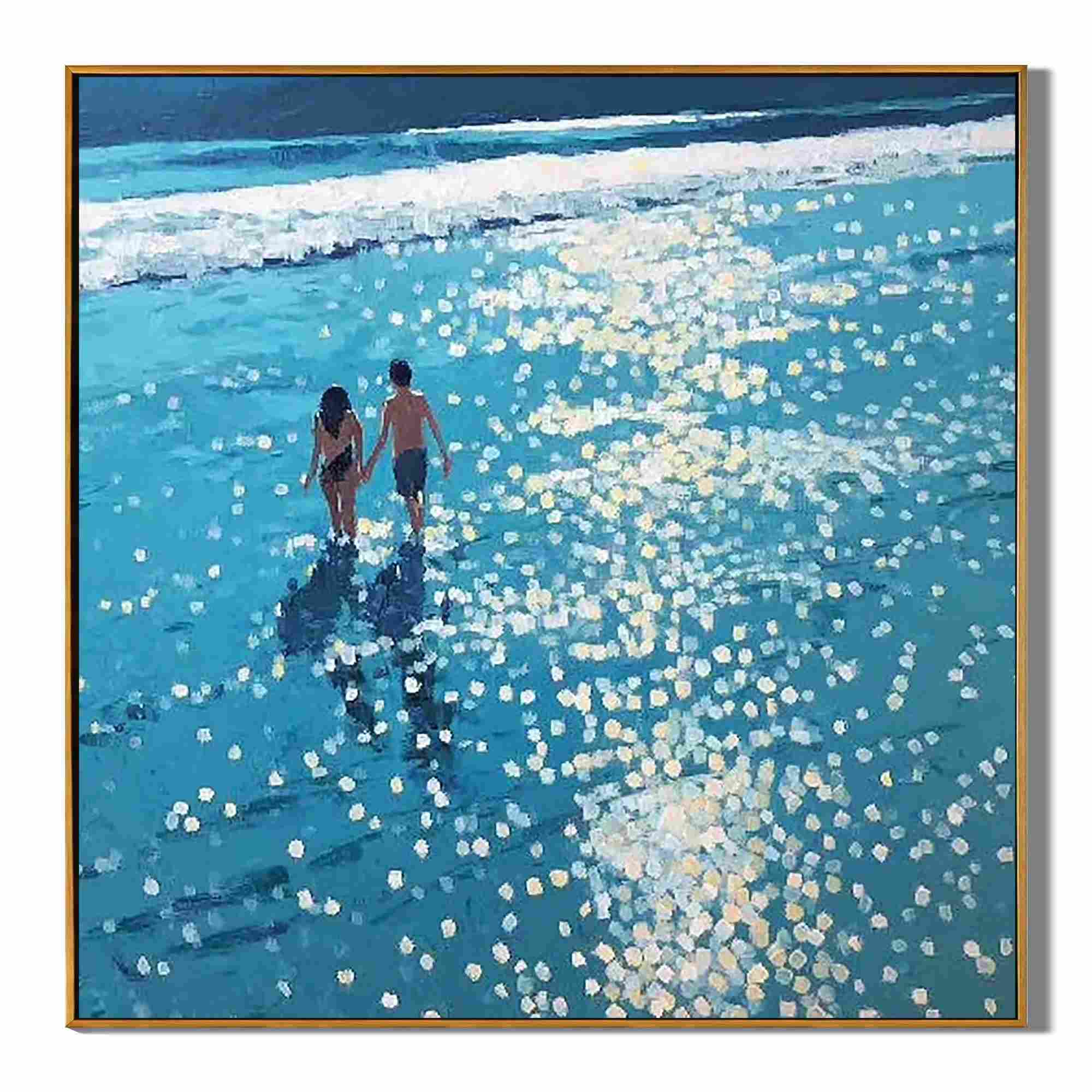 Romantic Beach Couple Wall Art, Blue Ocean Canvas Painting with Sunlight Reflection for Living Room Décor #OA 0423