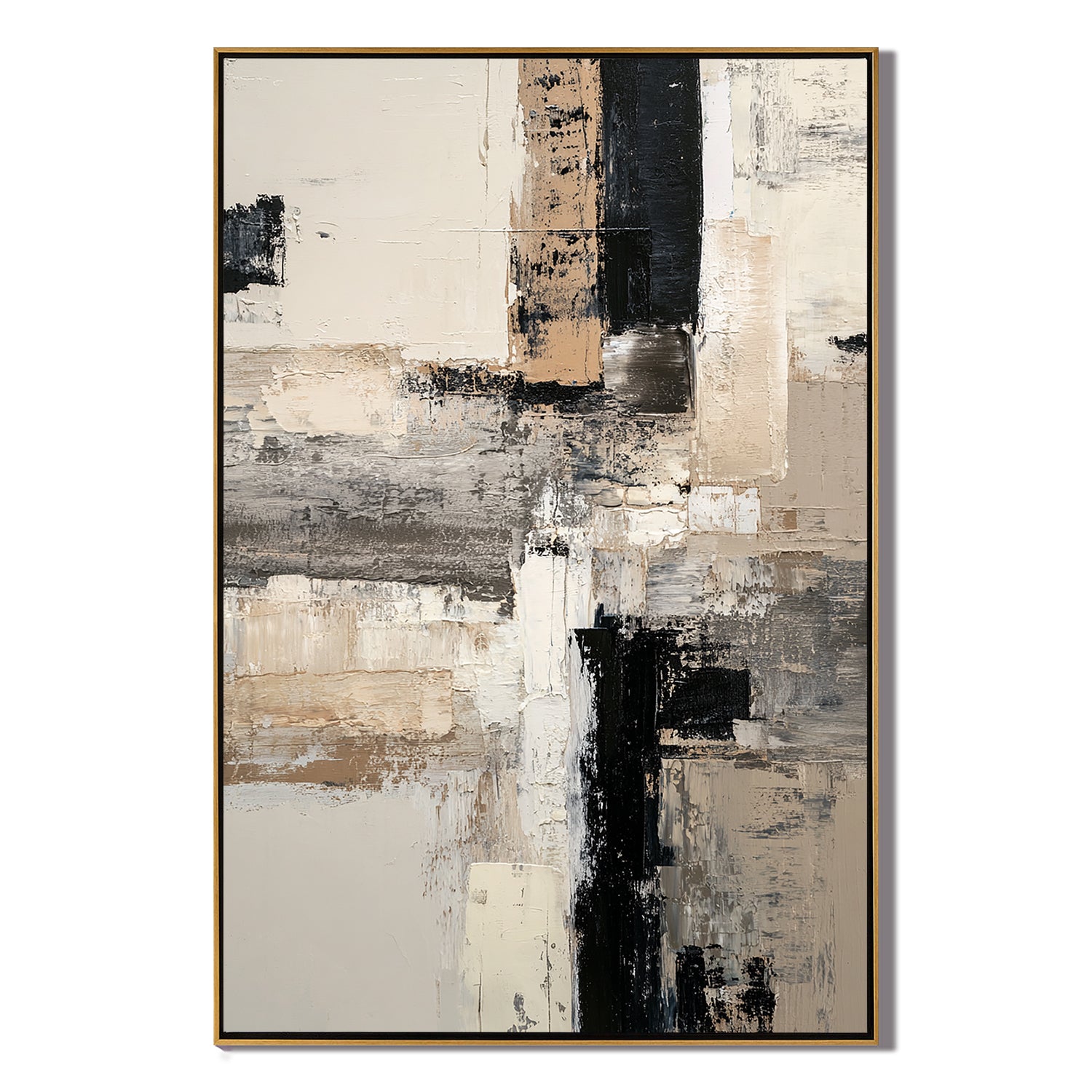 Neutral Abstract Canvas Wall Art – Black White Beige Modern Minimalist Painting for Living Room Decor#OA 0879