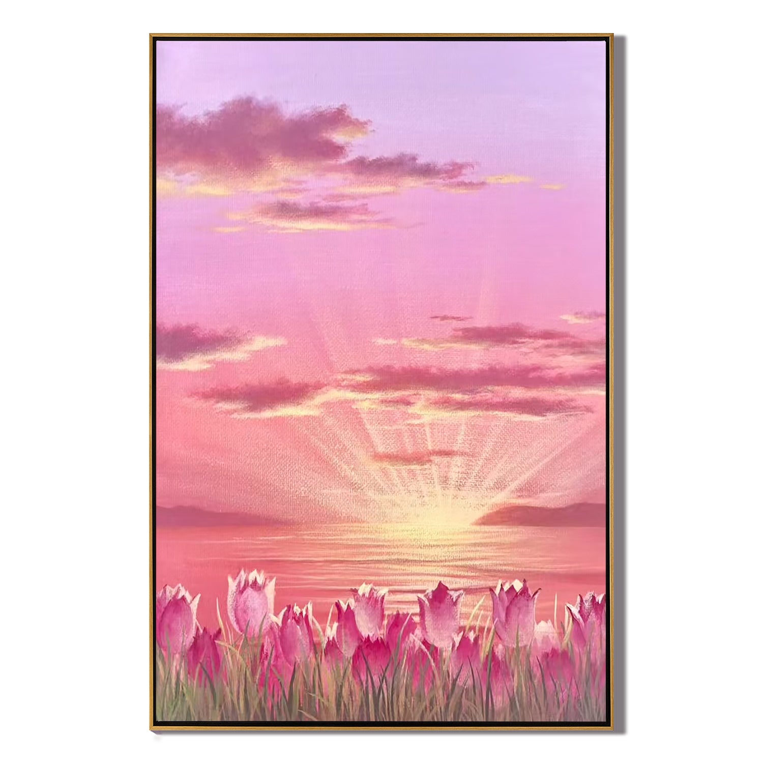 Pink Tulip Sunset Wall Art, Romantic Floral Landscape Canvas Painting, Dreamy Lake Sunrise Decor for Living Room Bedroom #OA 0785