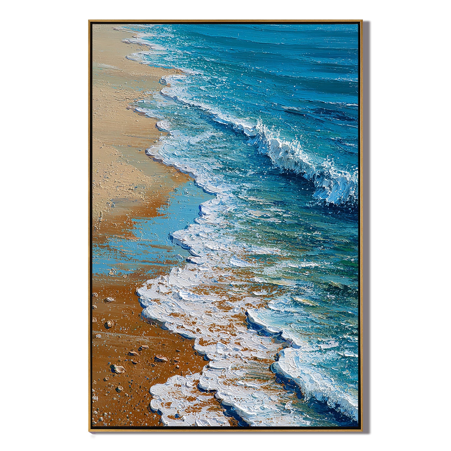 Coastal Beach Wave Wall Art – Blue Ocean Textured Canvas Painting for Modern Living Room Decor#OA 0831