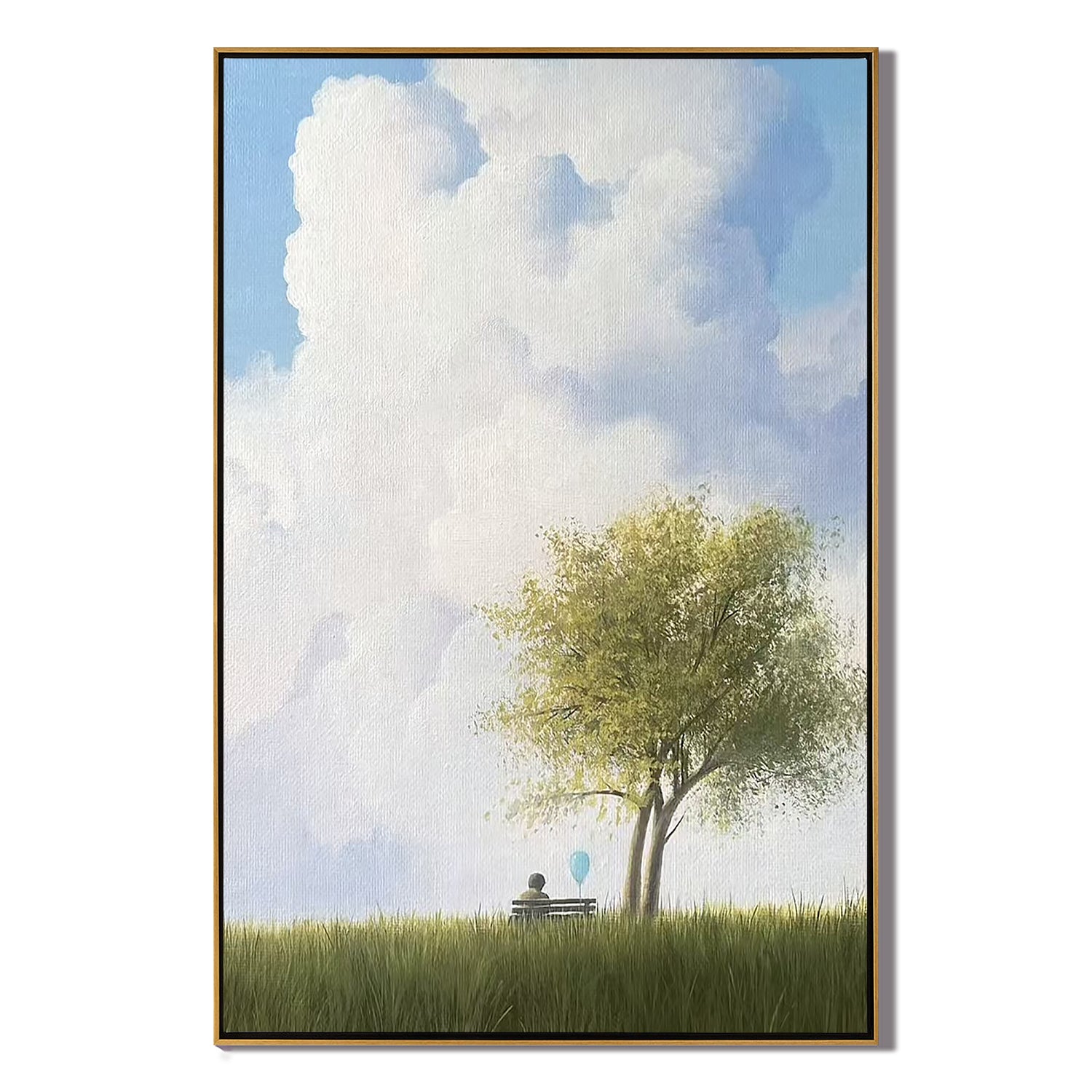 Minimalist Tree and Bench Wall Art with Blue Balloon, Serene Meadow Landscape Canvas Painting for Living Room Decor #OA 0794