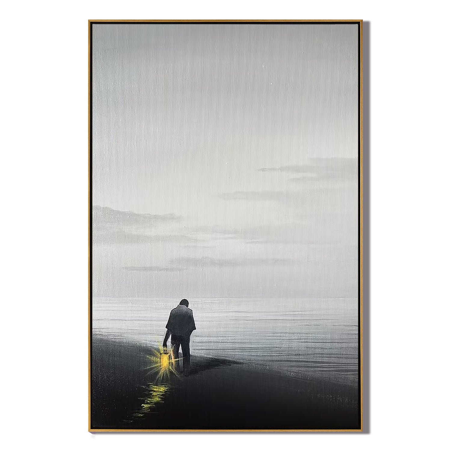 Solitary Figure with Lantern Beach Wall Art, Minimalist Black and White Seascape Canvas Painting for Living Room Decor #OA 0777