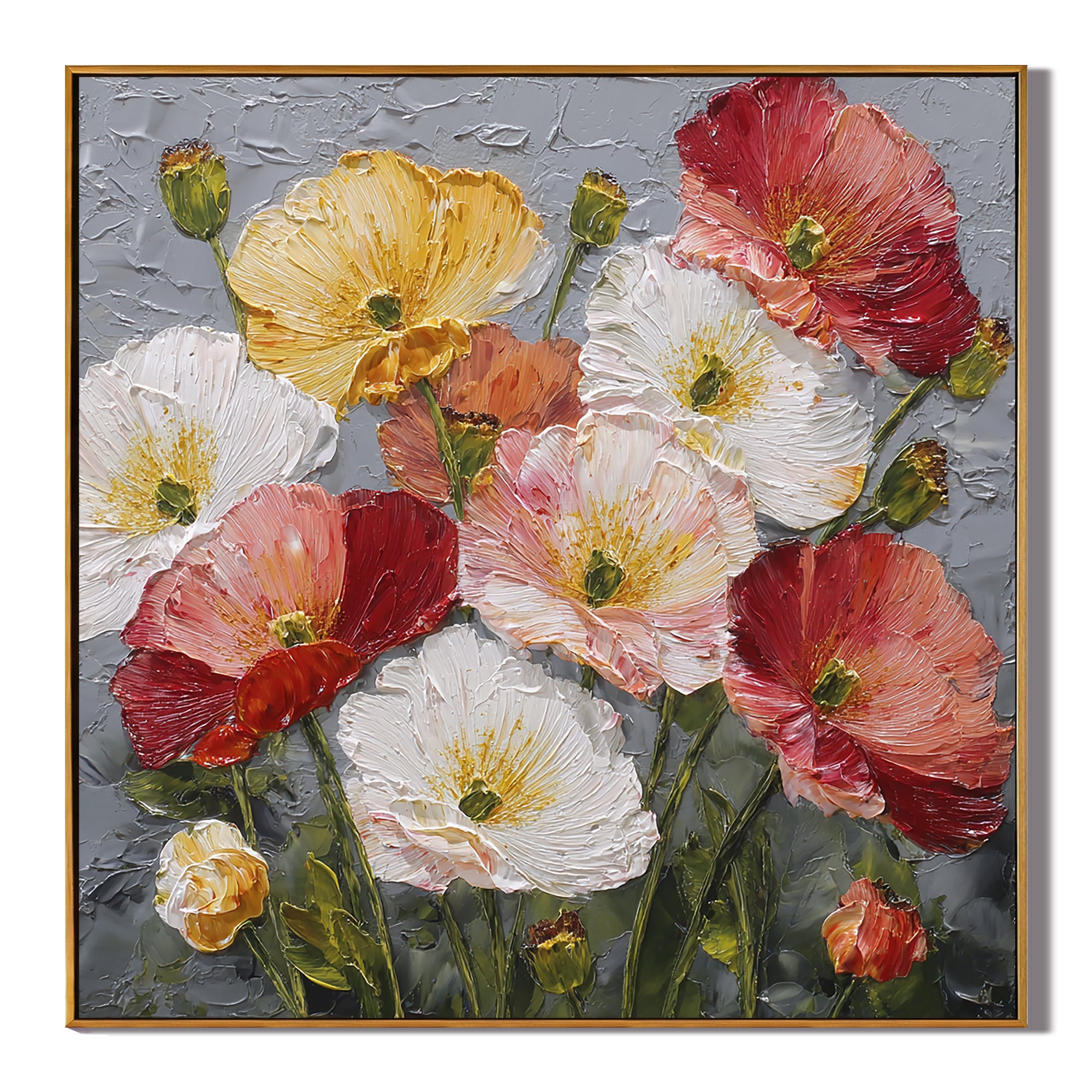 Colorful Flower Canvas Wall Art – Textured Floral Painting with Red, White & Yellow Blooms for Modern Home Decor#OA 0848