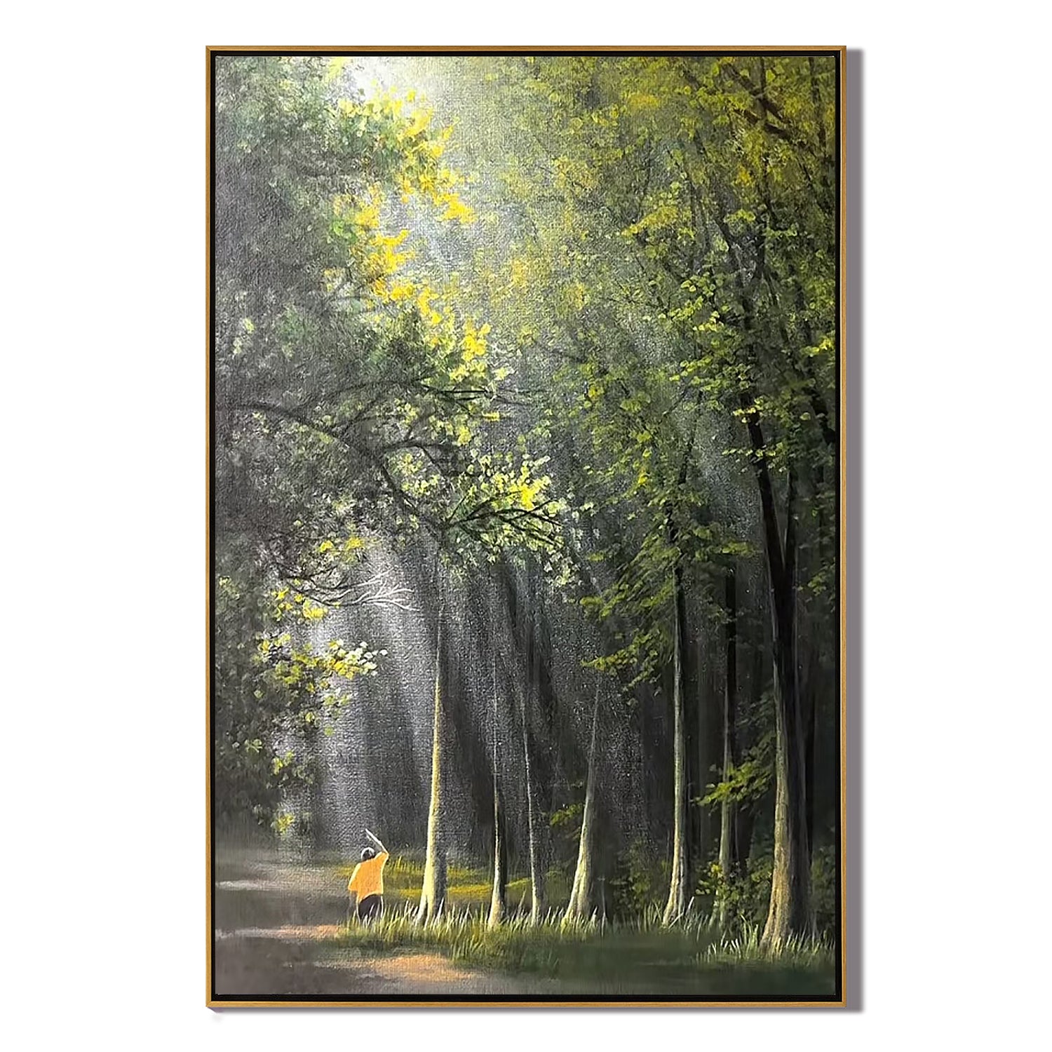 Sunlit Forest Path Wall Art with Figure, Serene Woodland Landscape Canvas Painting for Living Room and Bedroom Decor #OA 0773