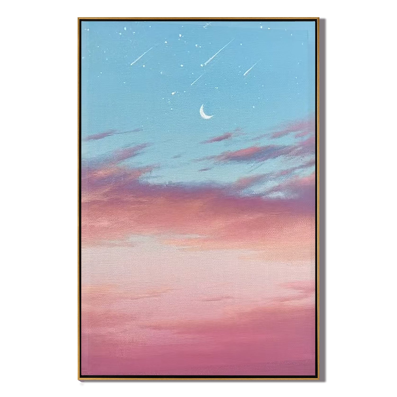 Dreamy Crescent Moon and Shooting Stars Wall Art, Pink Blue Sky Canvas Painting, Romantic Celestial Decor for Bedroom #OA 0786