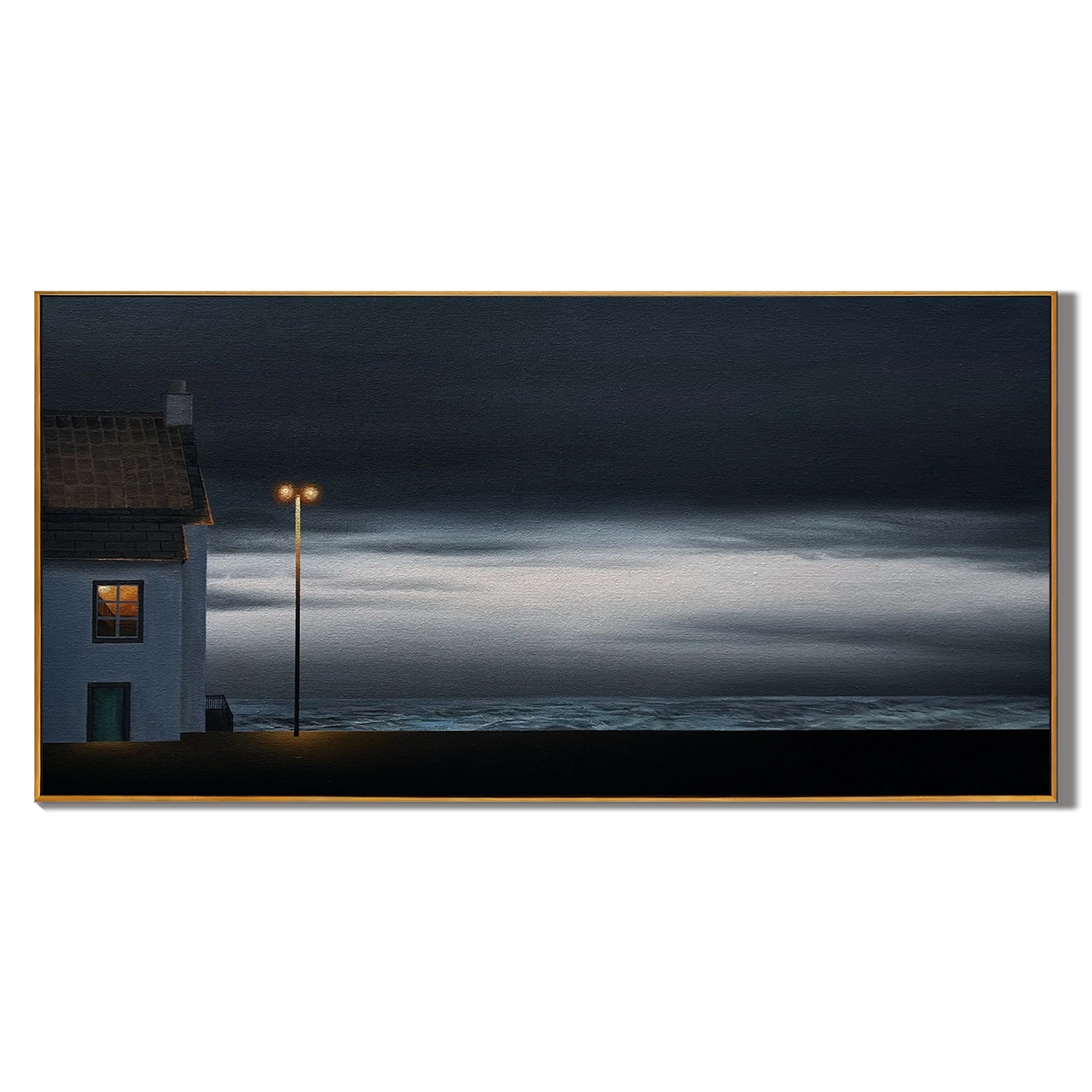 Moody Coastal Night Wall Art with Lonely House and Streetlight, Panoramic Seascape Canvas for Living Room Decor #OA 0735