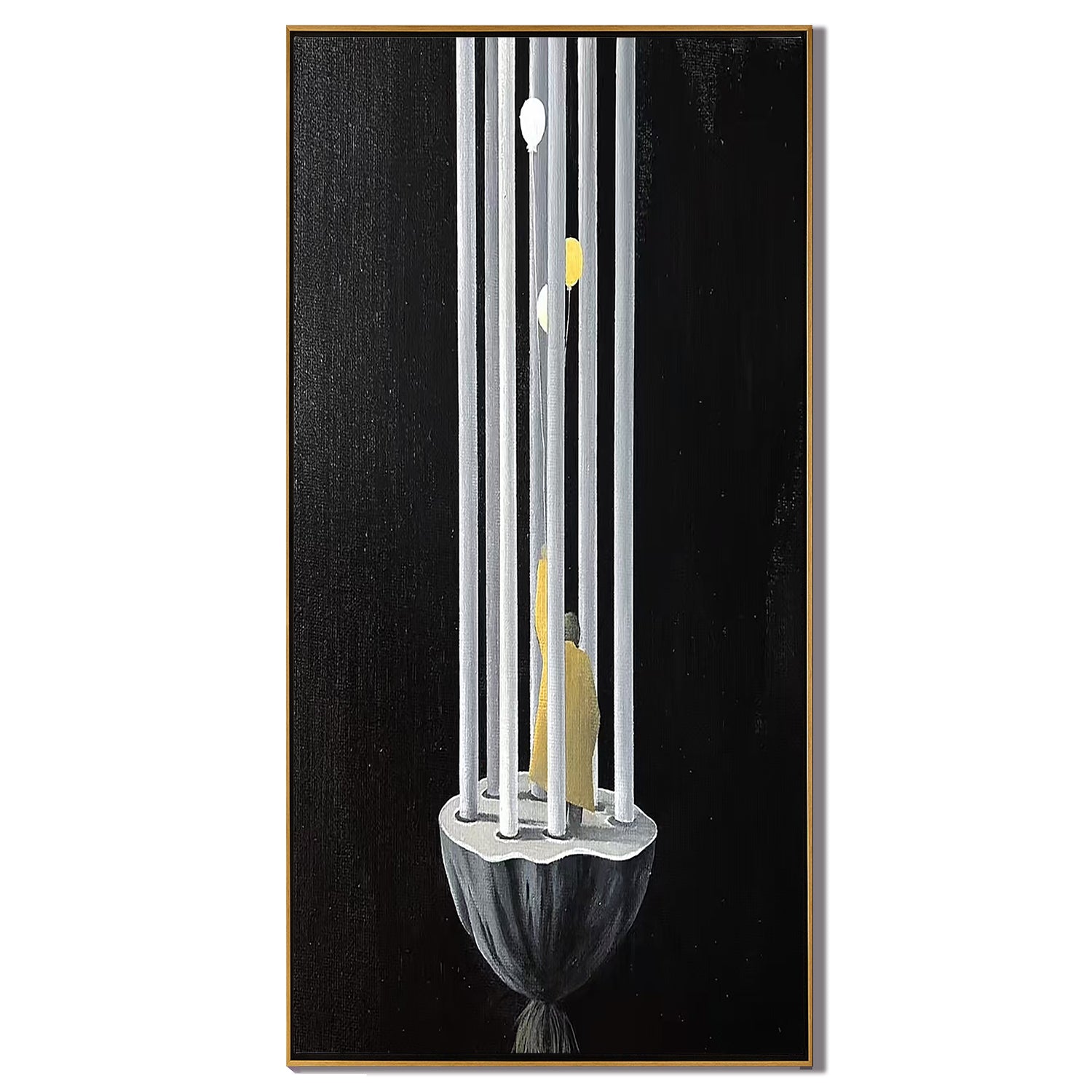 Surreal Minimalist Cage Wall Art with Human Figure and Balloons, Modern Abstract Canvas Painting for Contemporary Home Decor #OA 0790