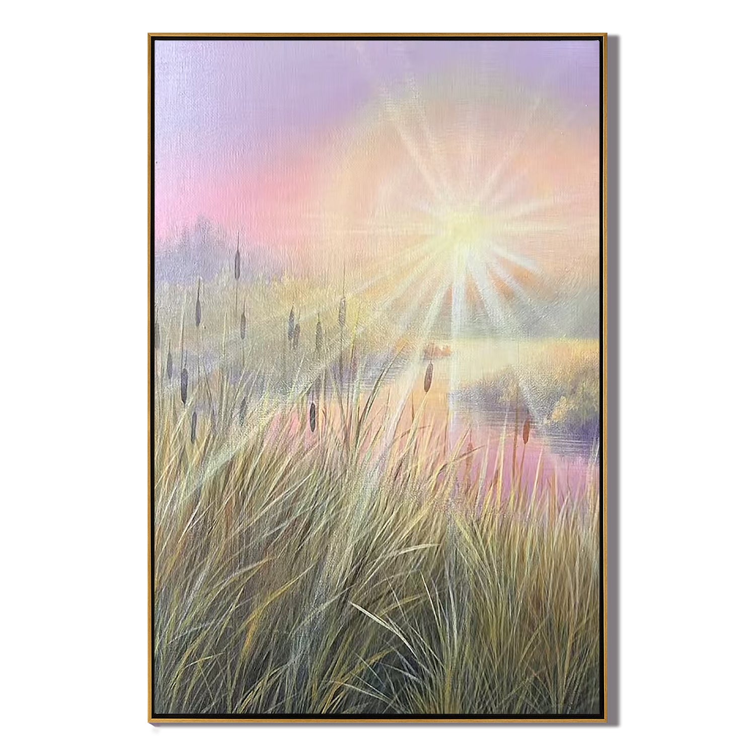 Pastel Sunrise Lakeside Wall Art โ Serene Reed Meadow Landscape Canvas for Living Room Decor #OA 0806