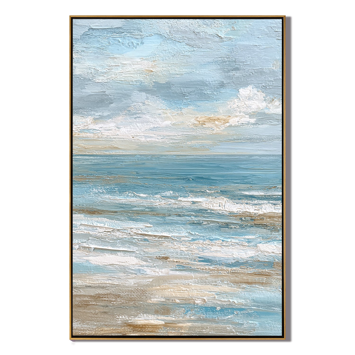 Large Vertical Coastal Seascape Canvas Wall Art – Soft Blue Ocean Waves Painting for Beach House Decor#OA 0841