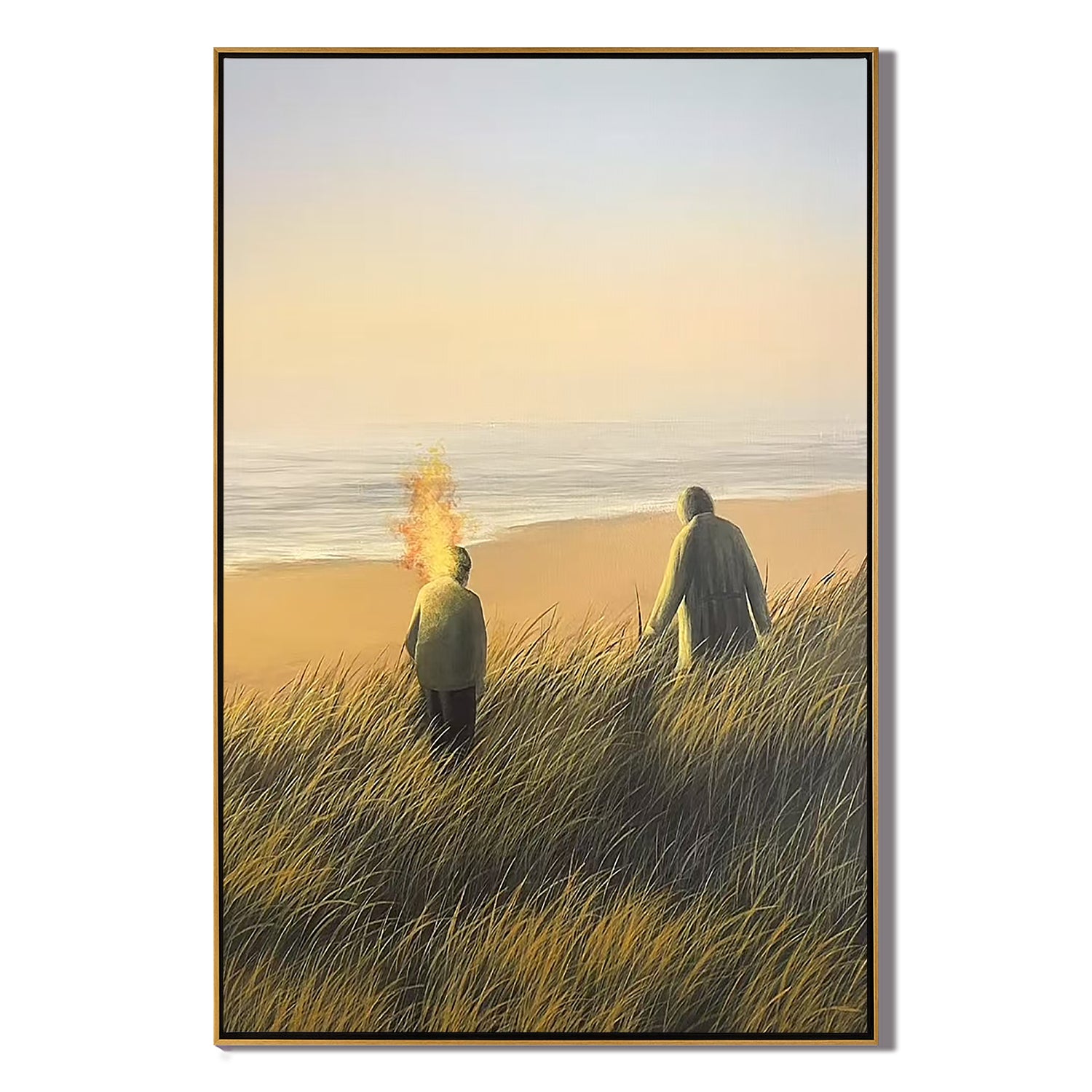 Serene Coastal Sunset Wall Art with Figures – Beach Landscape Canvas Painting for Living Room Decor #OA 0797