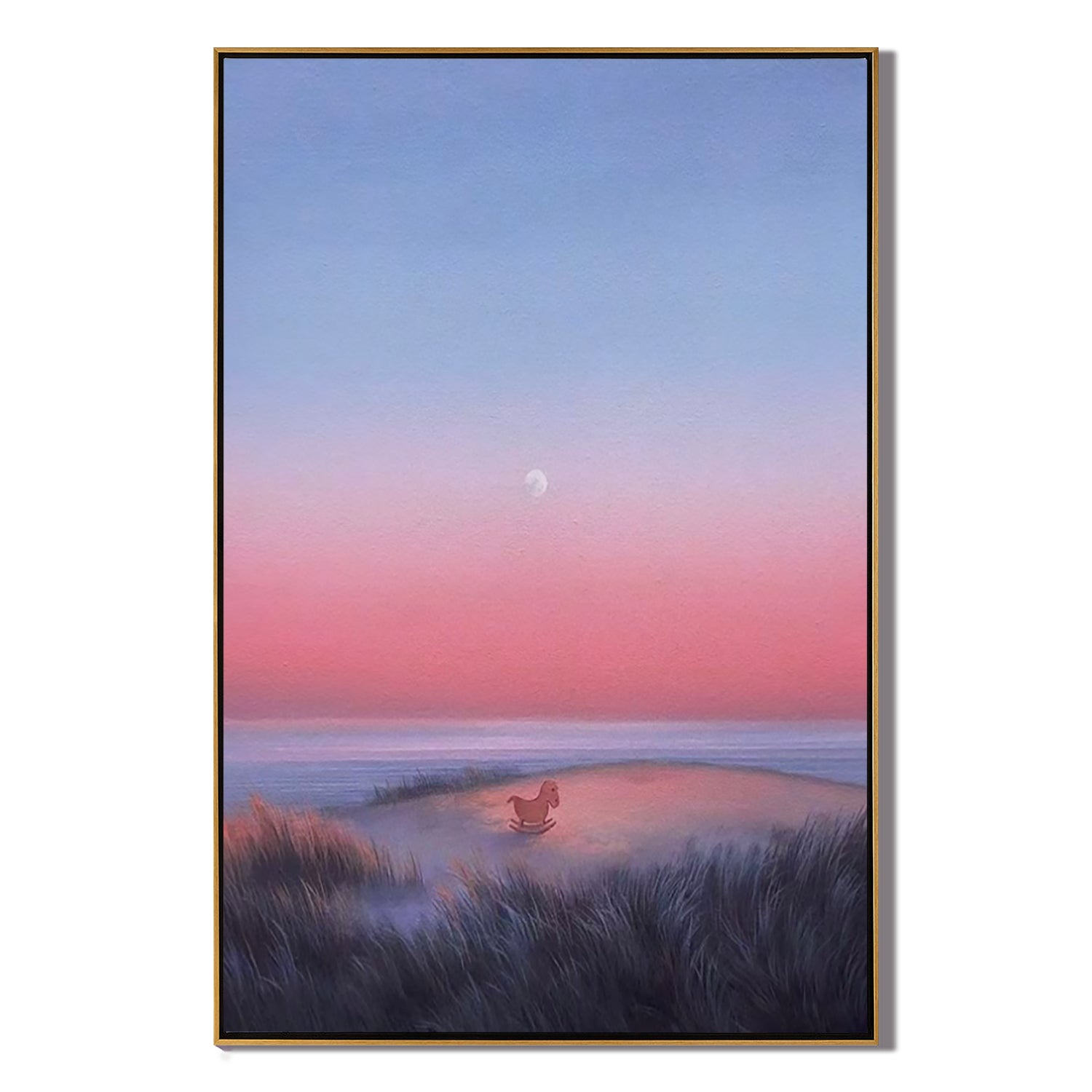 Dreamy Coastal Sunset Wall Art with Rocking Horse, Pastel Pink and Blue Seascape Canvas for Nursery or Living Room Decor #OA 0733