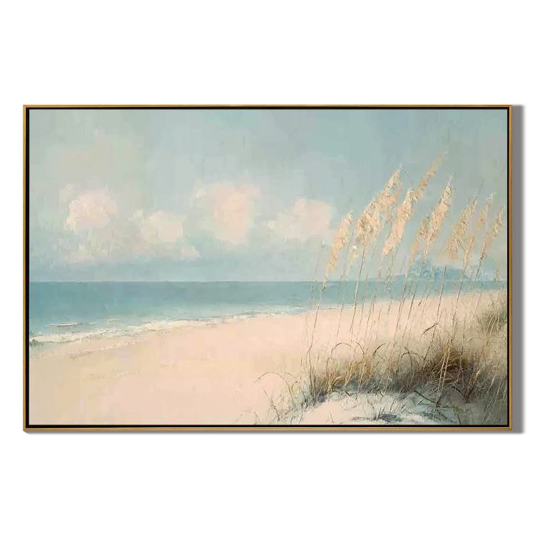 Soft Coastal Beach Wall Art, Serene Ocean Seascape Canvas Painting for Living Room Décor #OA 0419
