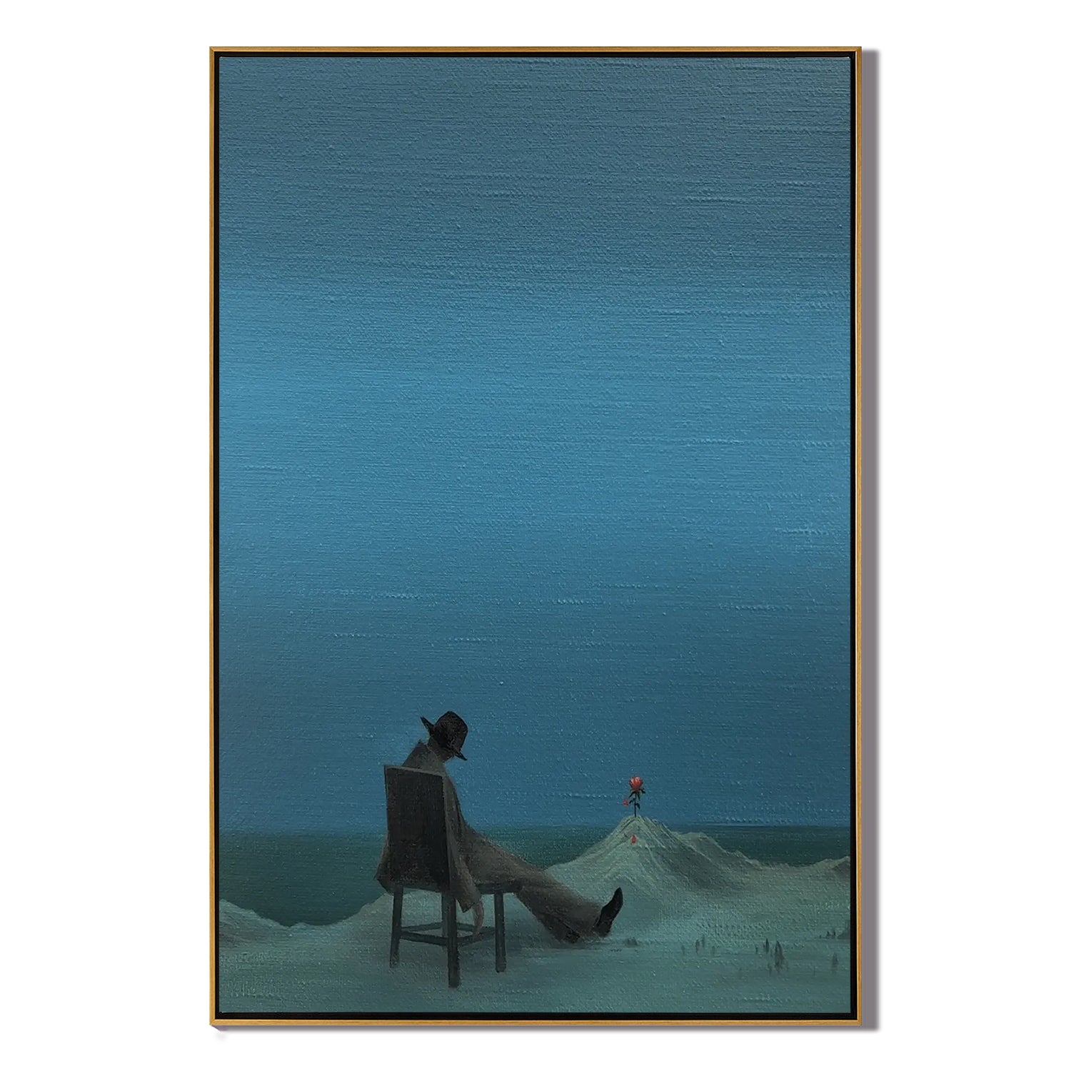 Surreal Minimalist Wall Art, Lonely Man with Red Flower Canvas Painting for Modern Living Room Decor #OA 0763