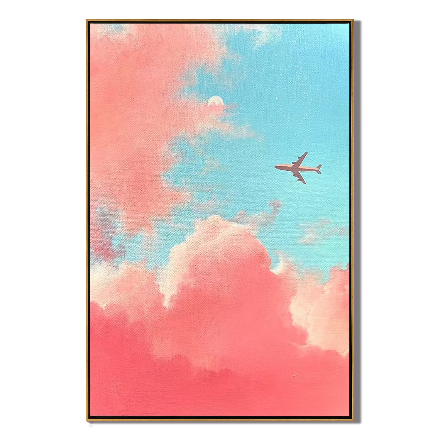 Dreamy Pink and Blue Sky Wall Art with Airplane โ Pastel Cloud Canvas Painting for Modern Home Decor #OA 0798