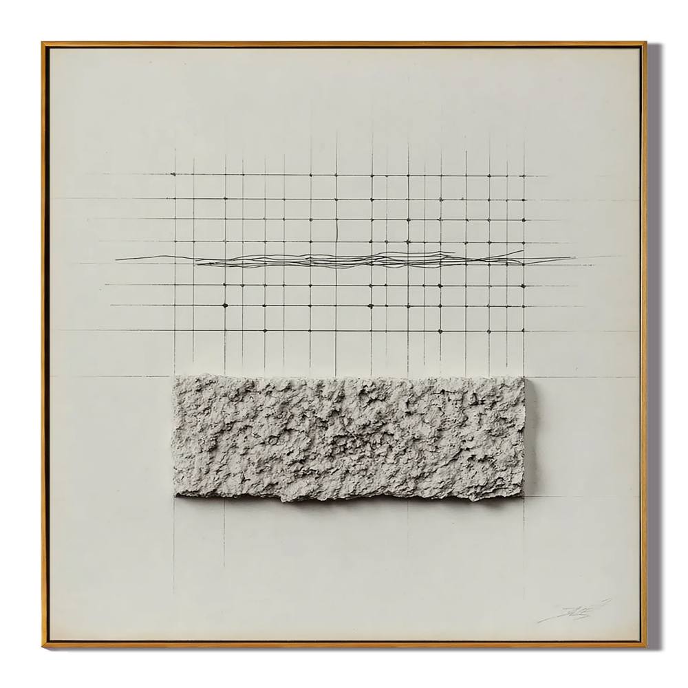 Minimal Geometric Textured Wall Art, Neutral Grid Line Canvas Painting for Modern Living Room Décor #OA 0403