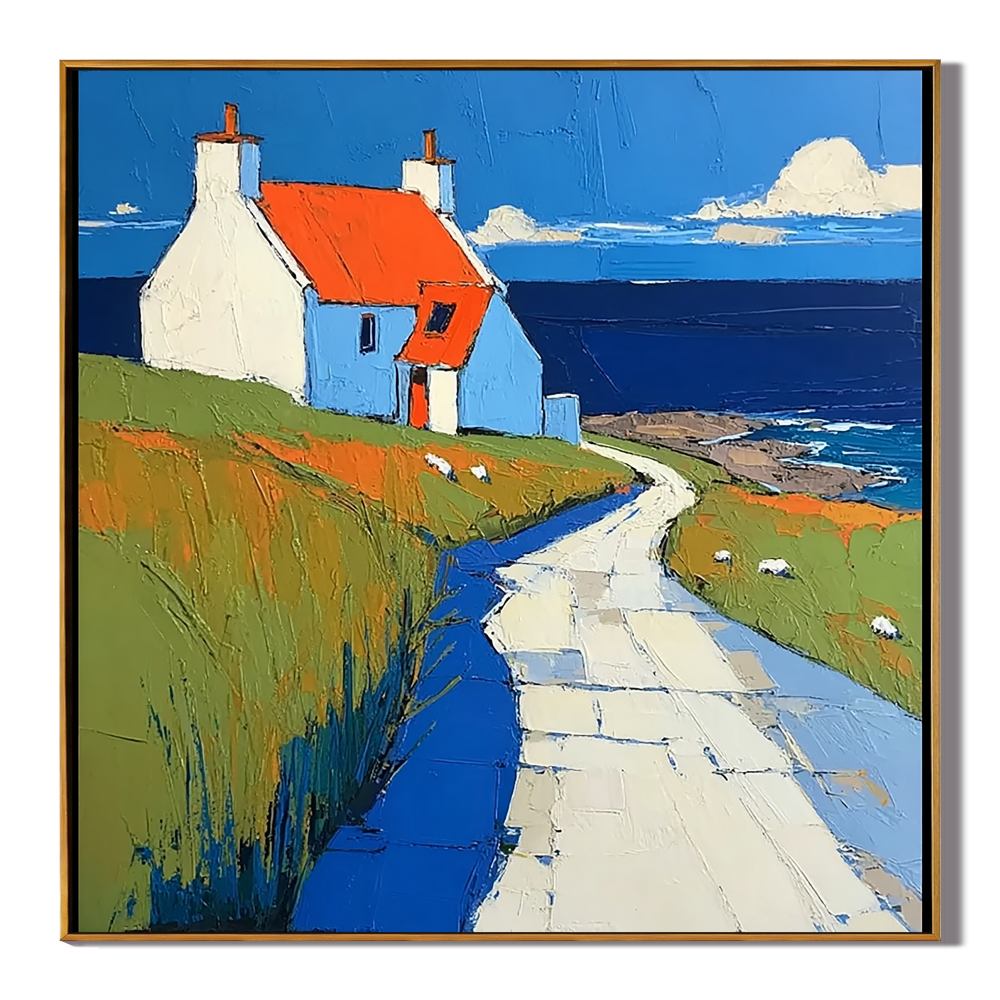 Coastal Cottage Wall Art, White Seaside House Landscape Canvas Painting for Living Room Décor #OA 0408