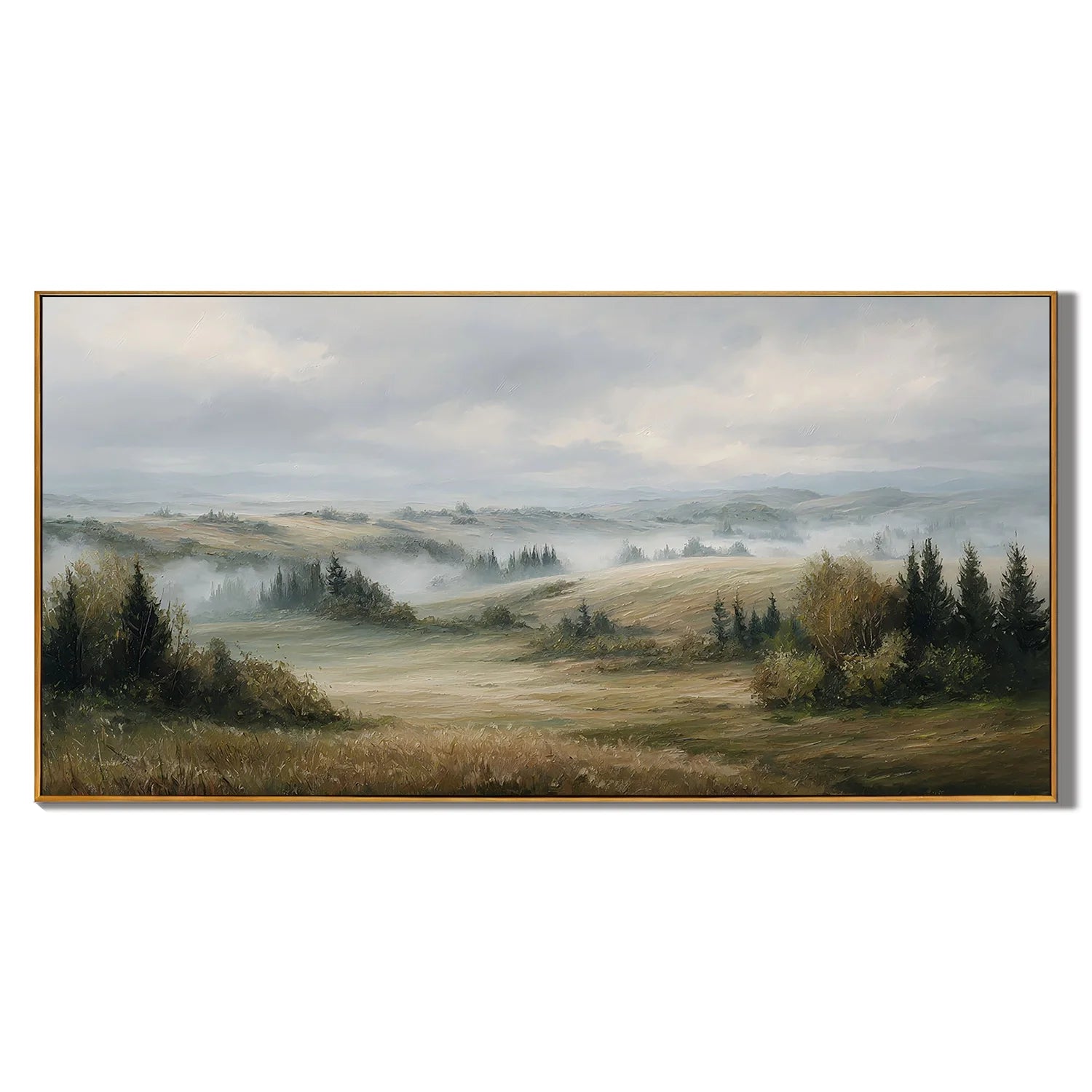 Misty Countryside Landscape Painting – Panoramic Neutral Nature Wall Art#OA 0899