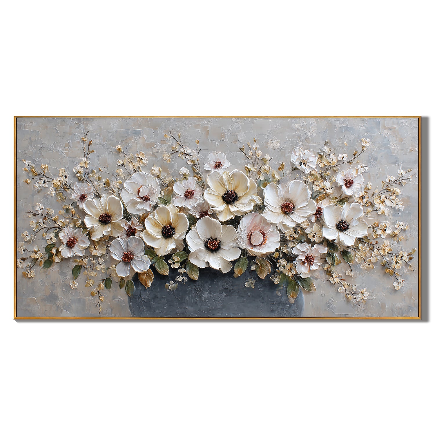 Large Floral Canvas Wall Art – Elegant White Flower Bouquet Painting in Vase for Living Room Decor#OA 0845