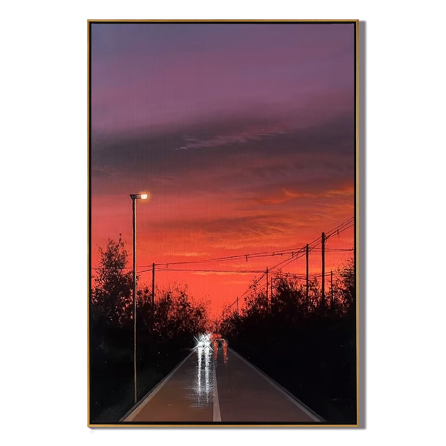 Fiery Sunset Road Wall Art, Moody Urban Landscape Canvas Painting with Streetlight Reflections for Modern Living Room Decor #OA 0788
