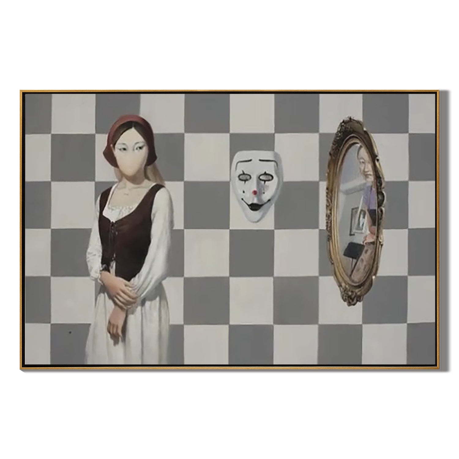 Girl, Mask and Mirror-Surreal Girl Mask Mirror Wall Art