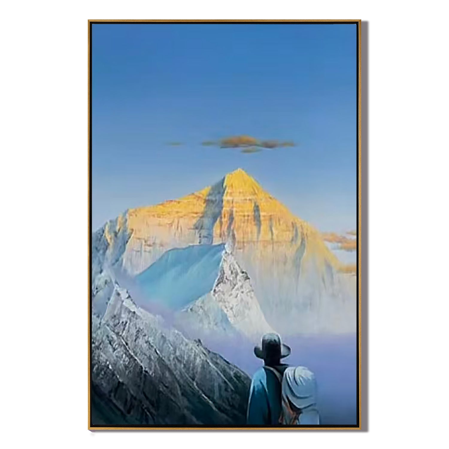 Golden Sunrise Snow Mountain Wall Art, Majestic Alpine Landscape Canvas Painting with Explorer for Living Room Decor #OA 0770