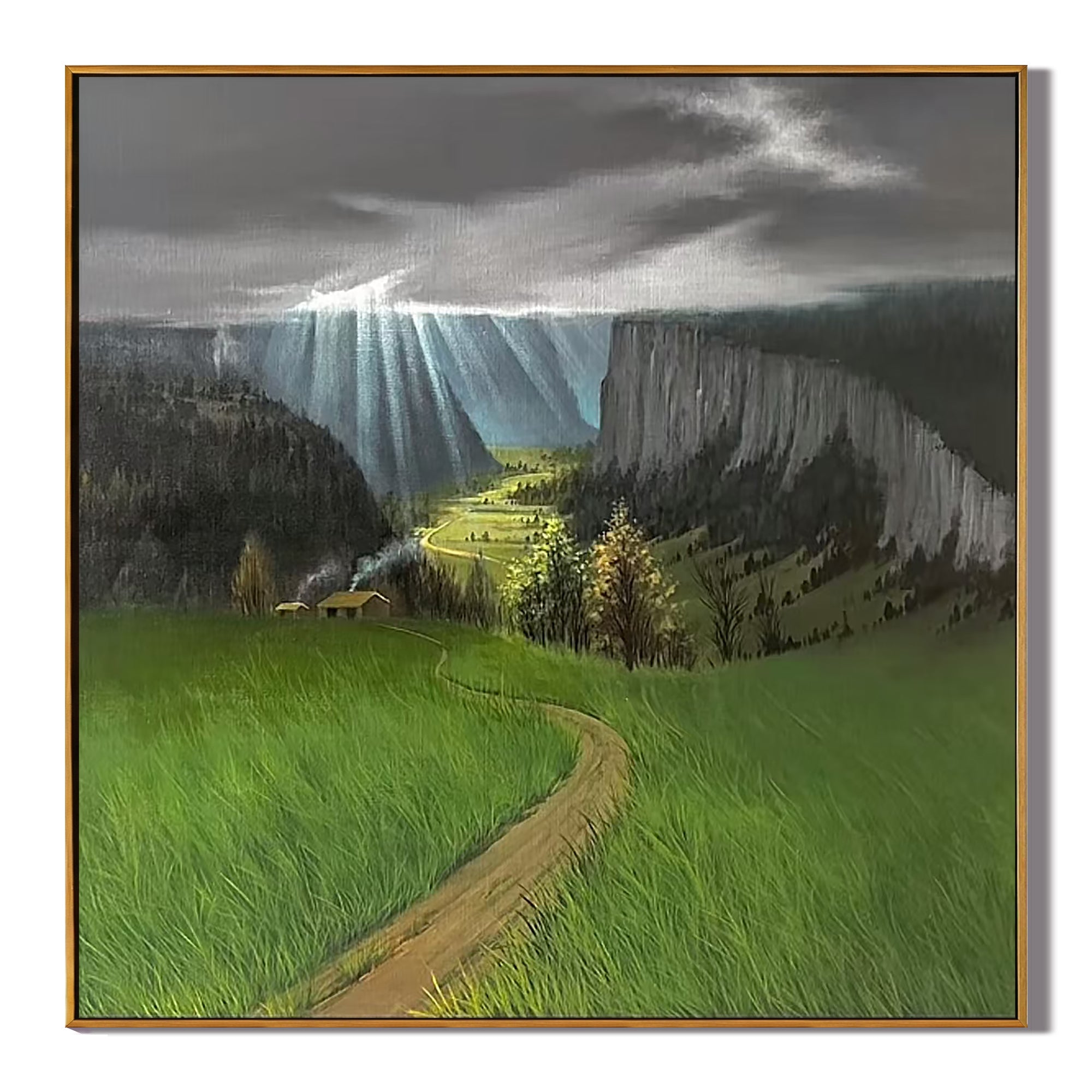 Sunlit Mountain Valley Landscape Wall Art โ Winding Path Countryside Canvas Painting for Living Room Decor #OA 0801