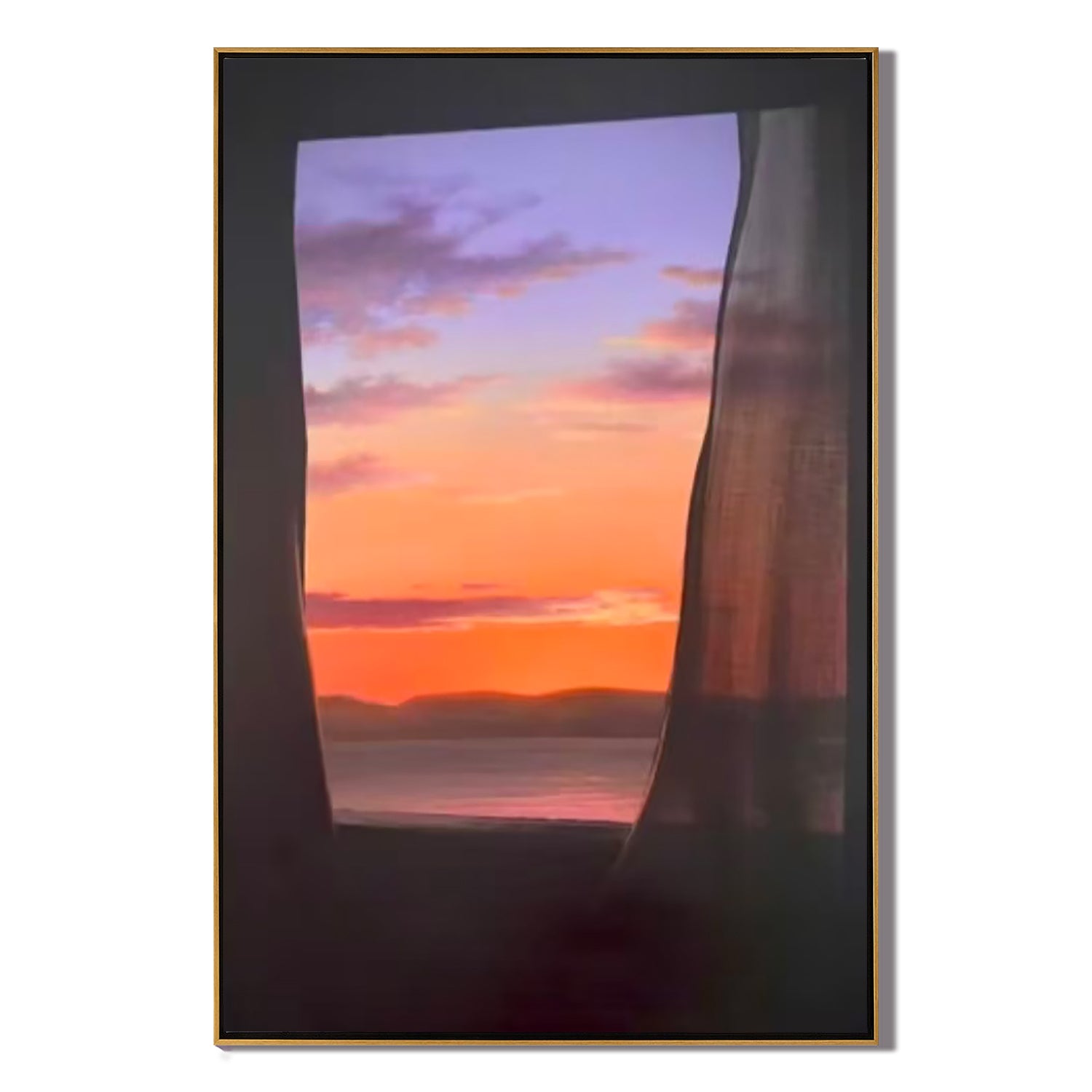 Sunset Ocean View Through Window Wall Art, Romantic Seascape Canvas Painting, Serene Coastal Landscape Decor for Living Room #OA 0784
