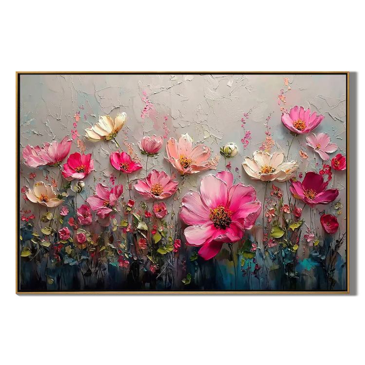 Pink Floral Wall Art, Textured Flower Garden Canvas Painting for Living Room Décor #OA 0409