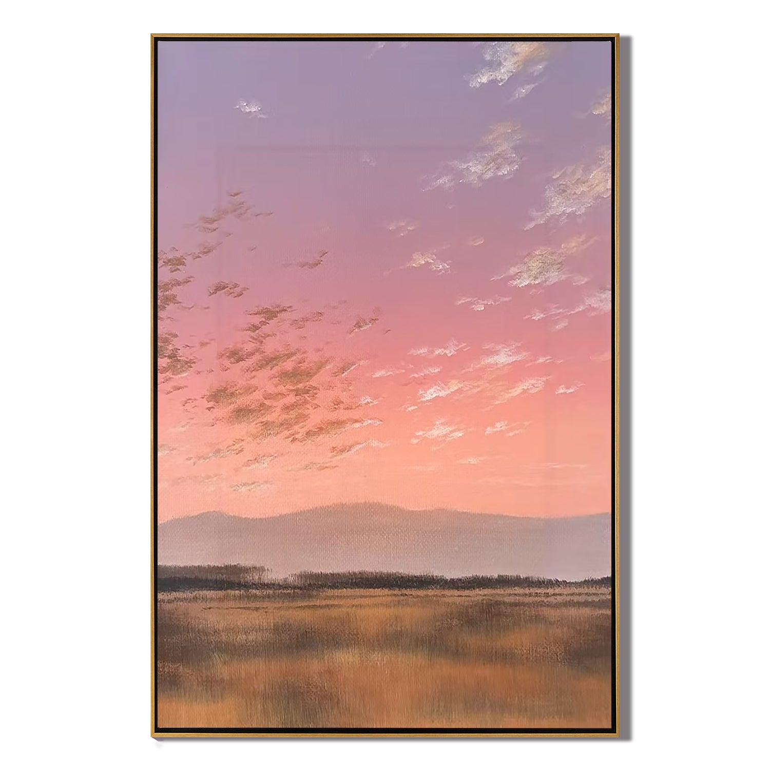 Pink Sunset Meadow Wall Art, Pastel Landscape Canvas Painting with Distant Mountains for Living Room Decor #OA 0780
