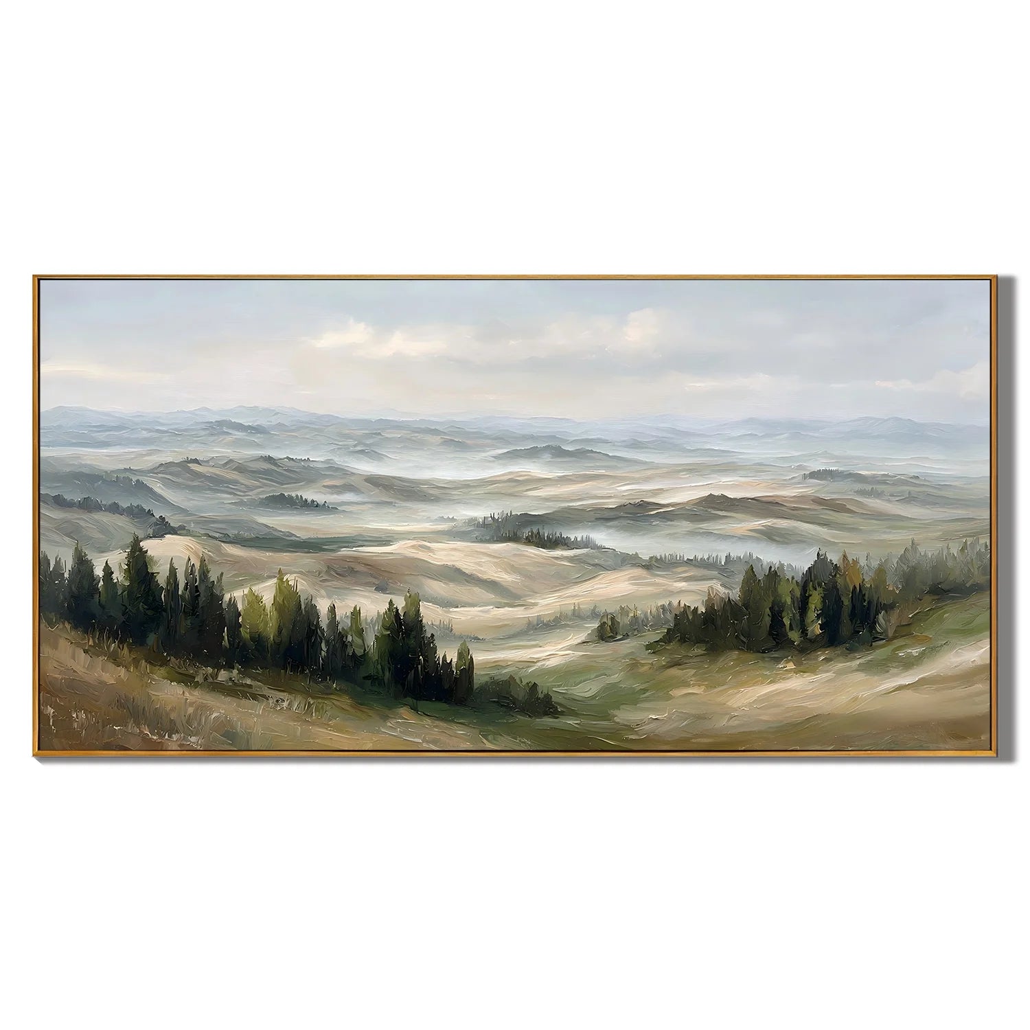 Misty Rolling Hills Landscape Painting – Panoramic Neutral Nature Wall Art#OA 0895