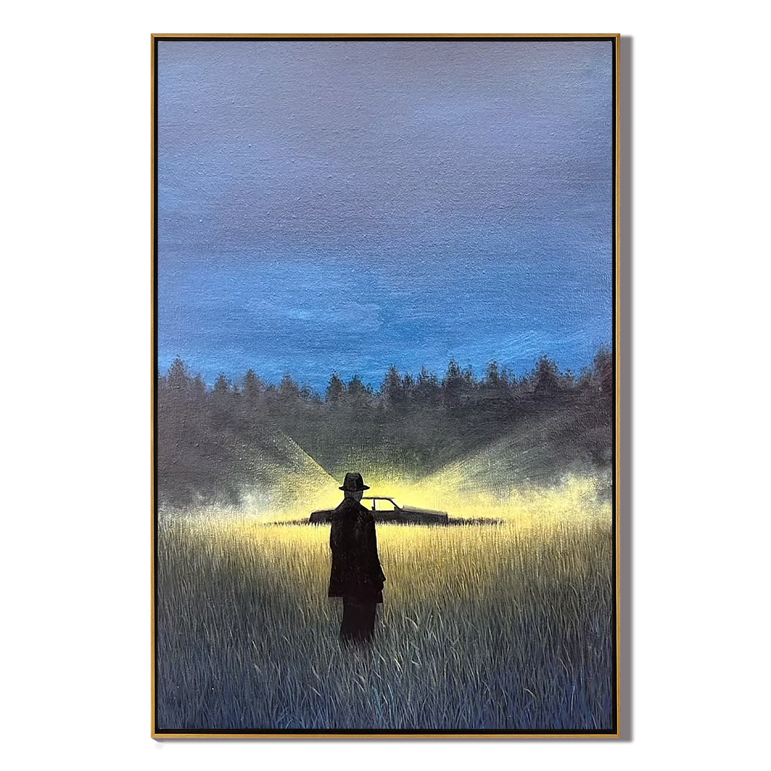 Mysterious Night Landscape Wall Art with Silhouette Figure and Car Headlights – Cinematic Canvas Painting for Modern Home Decor #OA 0796