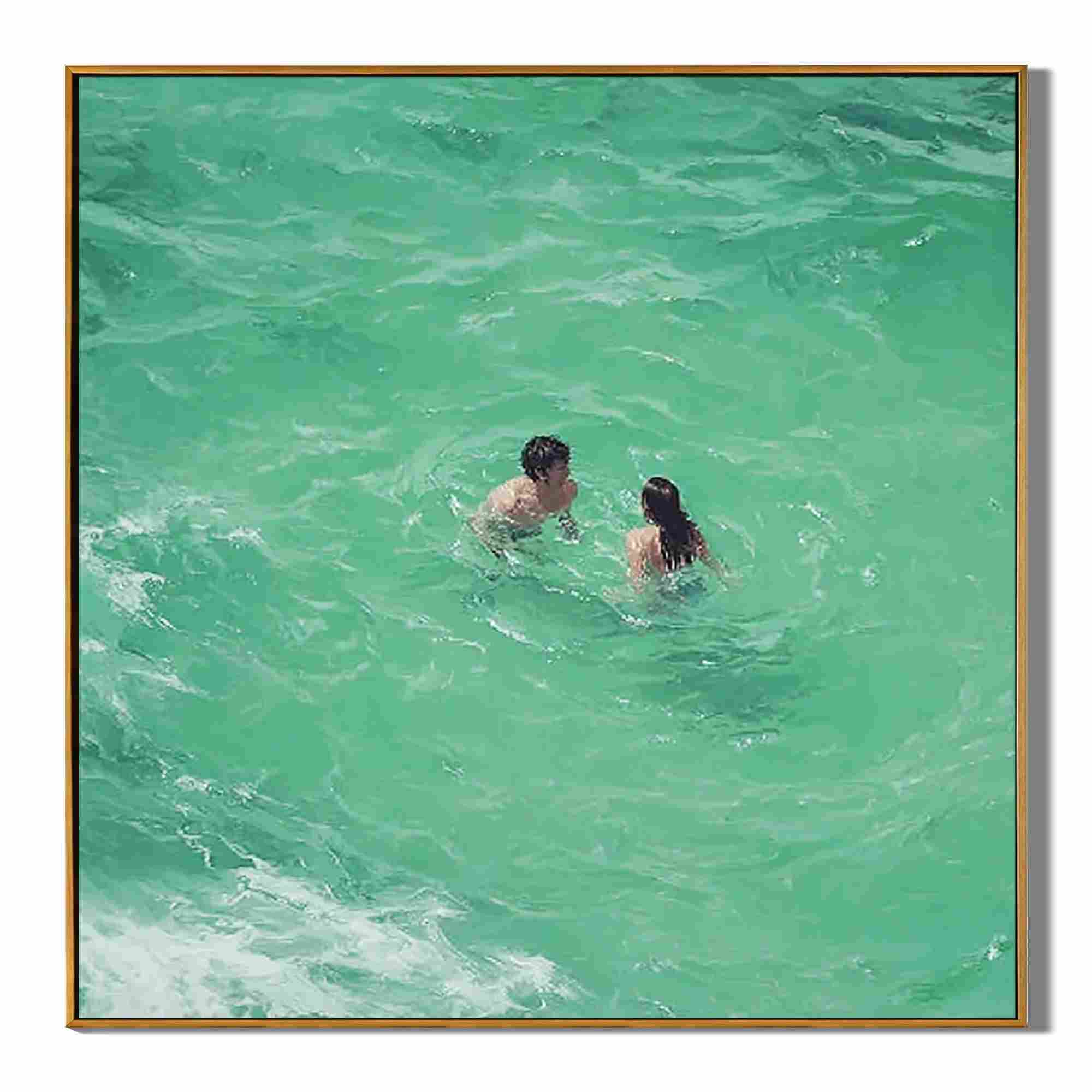 Romantic Couple Swimming in Turquoise Ocean Oil Painting | Coastal Wall Art for Modern Living Room #OA 0426