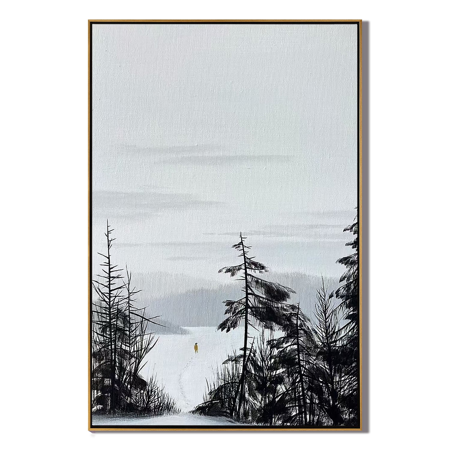 Minimalist Winter Landscape Wall Art โ Snowy Forest with Solitary Figure Canvas Painting for Living Room Decor #OA 0816